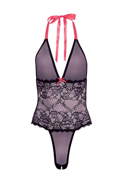 BARELY BARE V PLUNGE LACE & MESH TEDDY