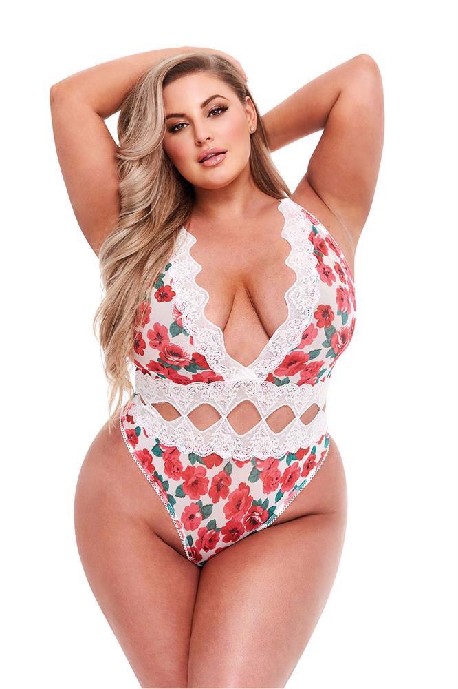 WHITE FLORAL & LACE TEDDY, XL