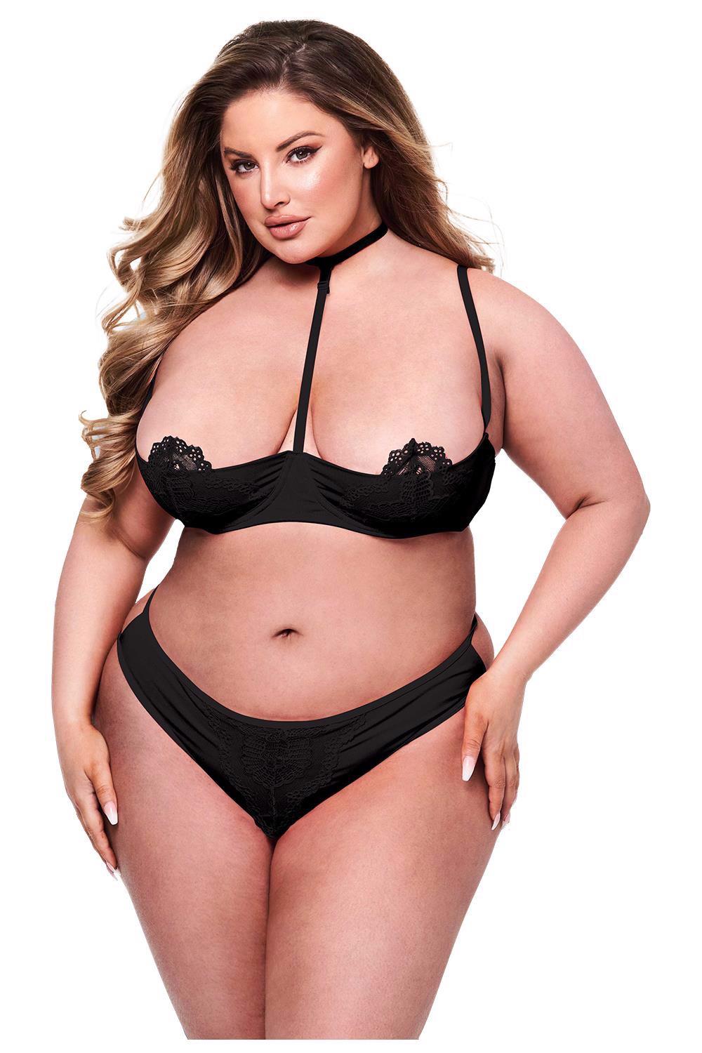 BACI 2PC SOUTIEN-GORGE BONNET QUART DE SEIN & STRING NOIR, QUEEN