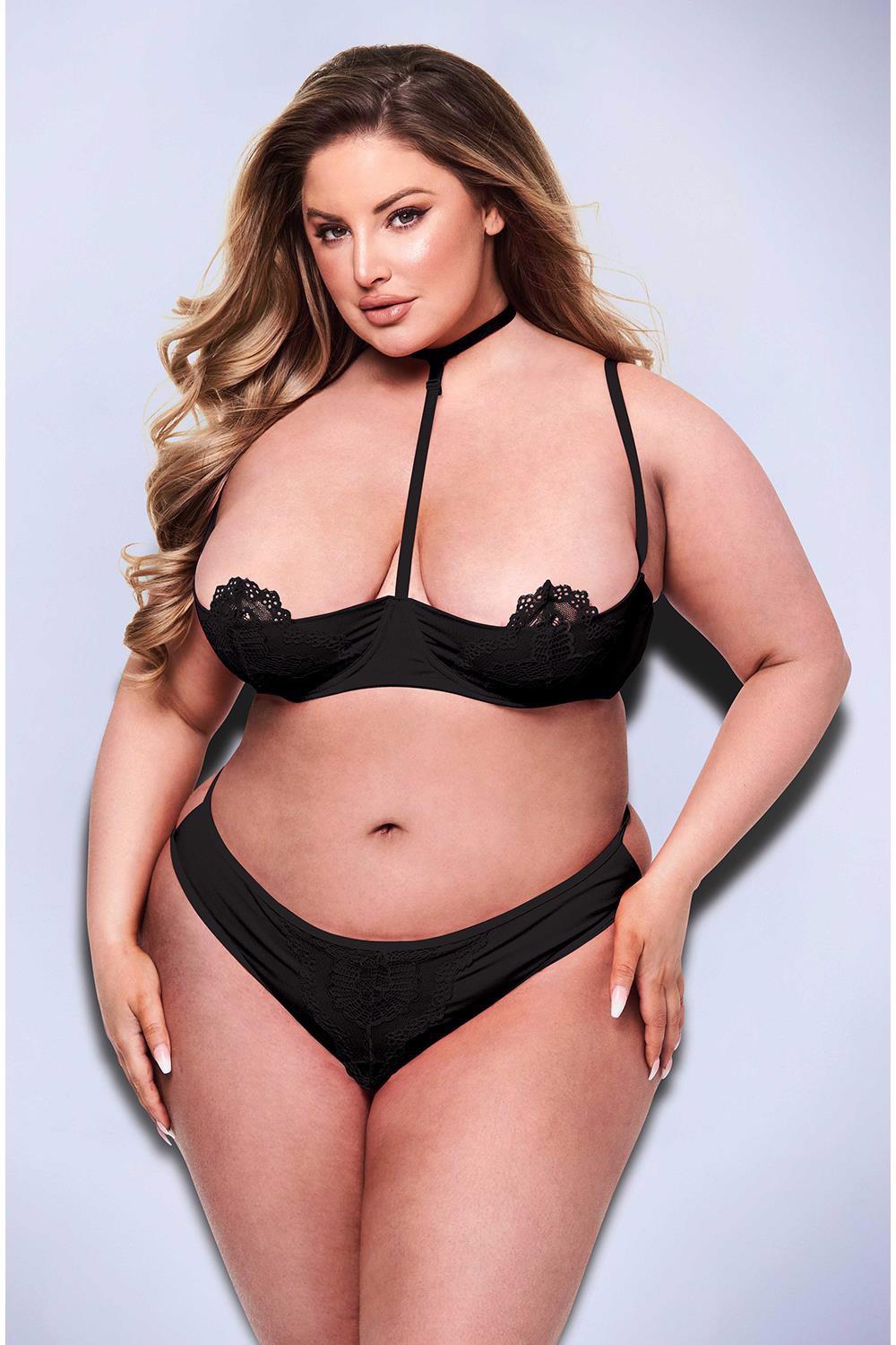 BACI 2PC SOUTIEN-GORGE BONNET QUART DE SEIN & STRING NOIR, QUEEN
