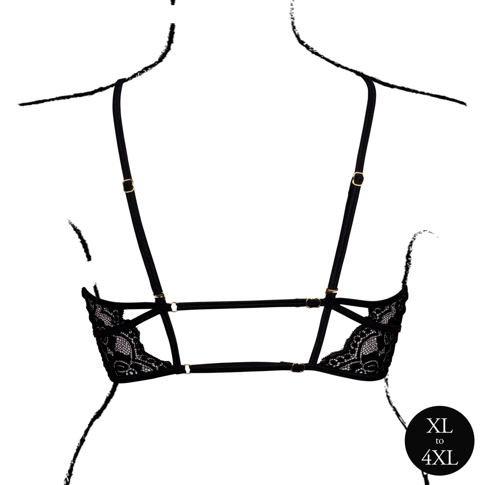 Open Cup Triangle Bra with Lace and Adjustable Sliders - Queen Size - Black