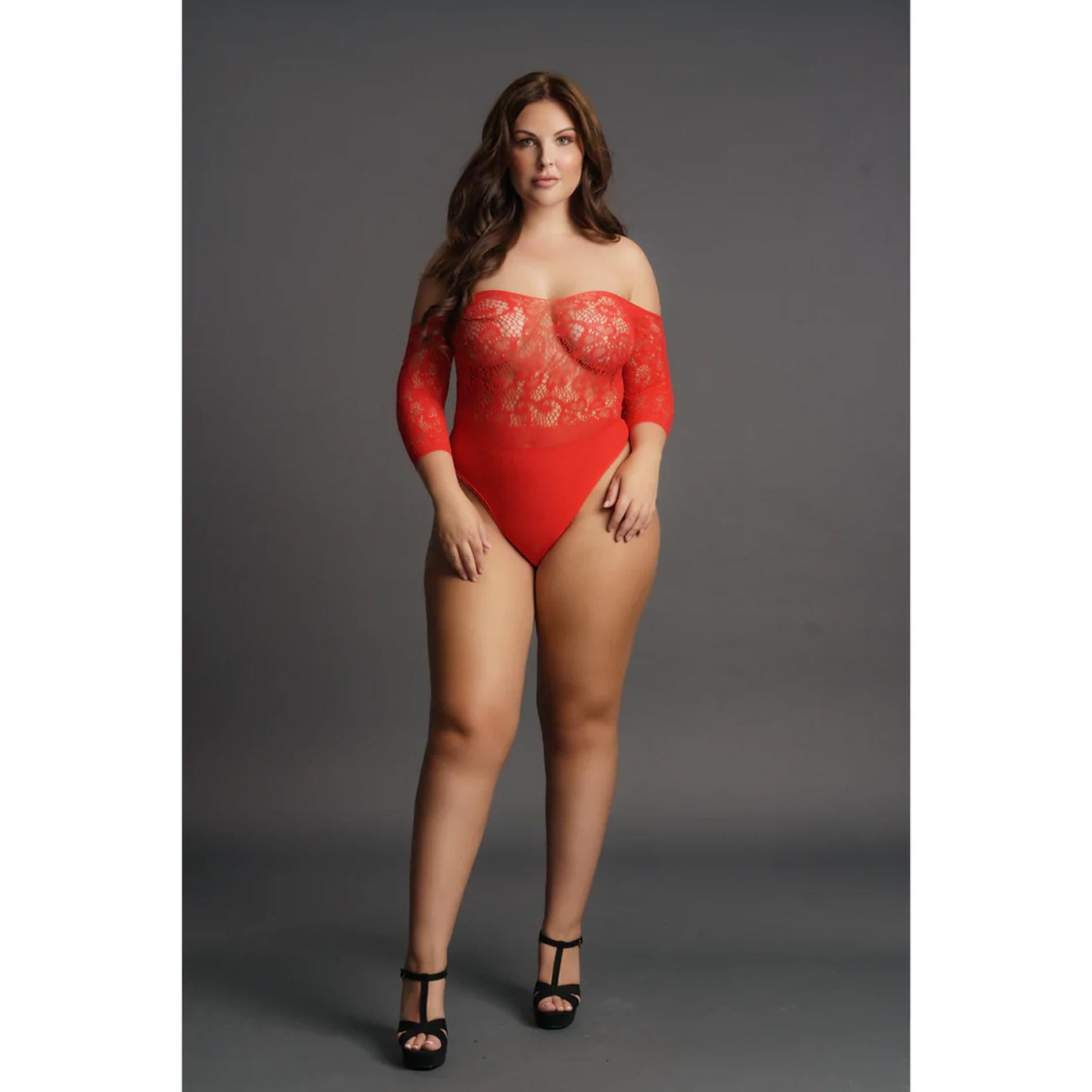 Crotchless Rhinestone Teddy - Queen Size - Red