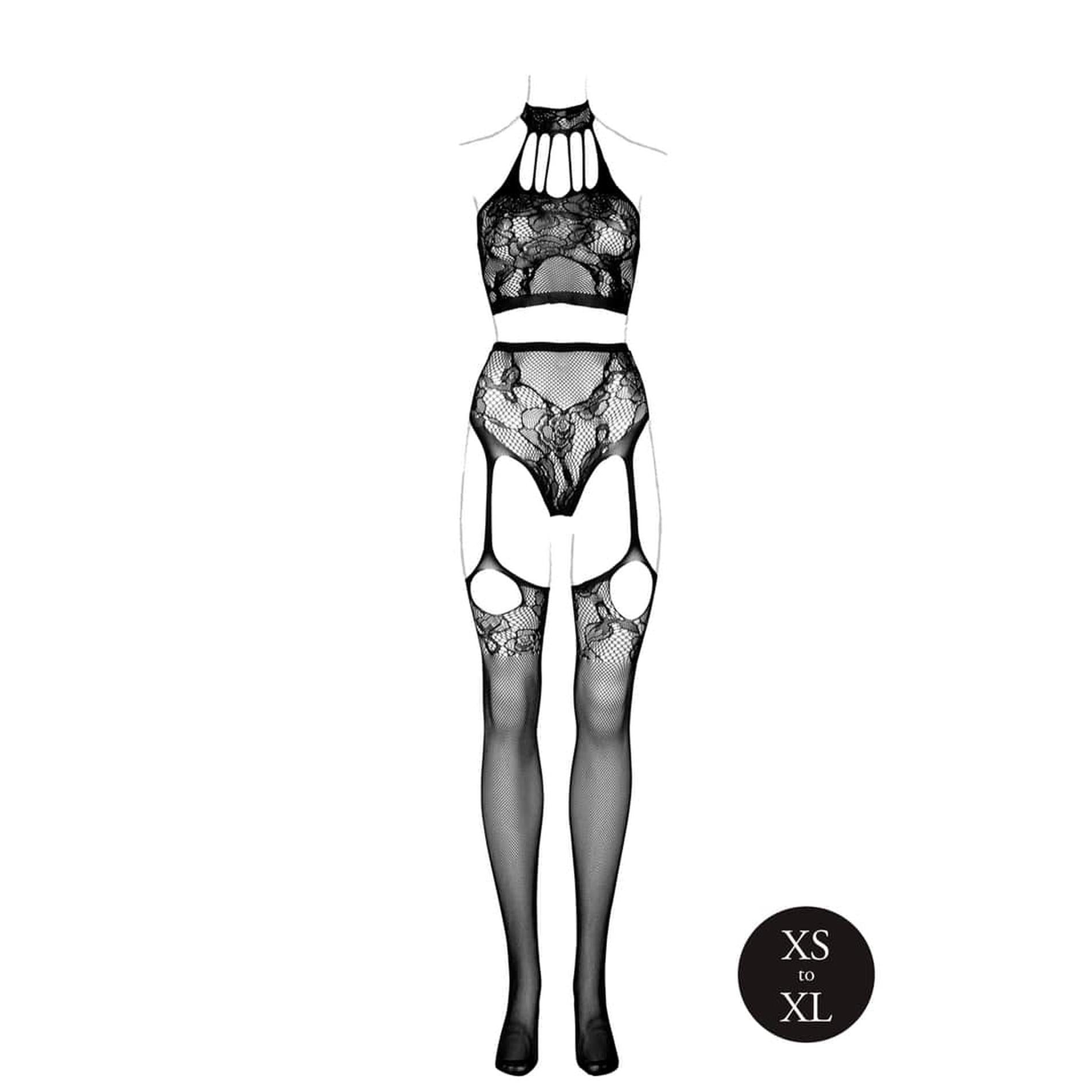 Two Piece with Halter Turtleneck and Pantie with Attached Stockings - One Size - Black