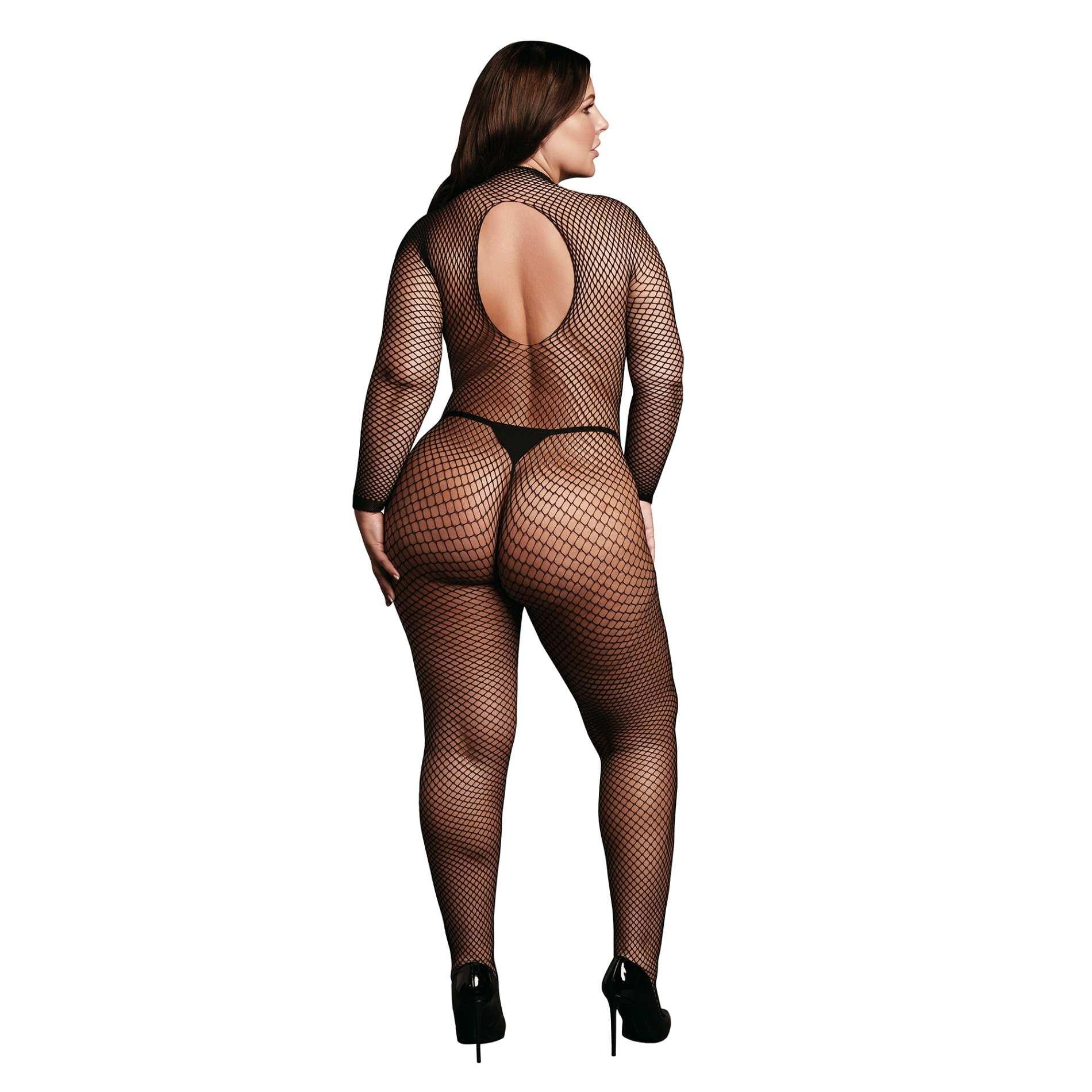 Bodystocking with fishnet structure, open crotch, and turtleneck.