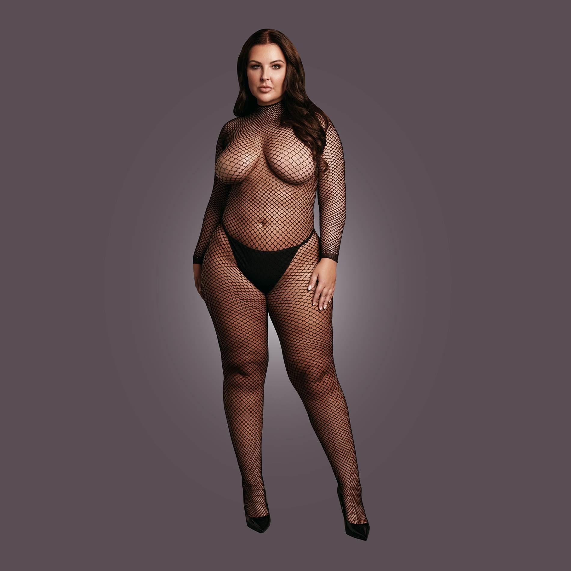Bodystocking with fishnet structure, open crotch, and turtleneck.