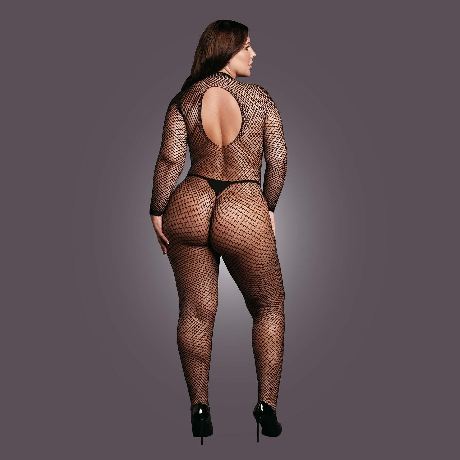Bodystocking with fishnet structure, open crotch, and turtleneck.