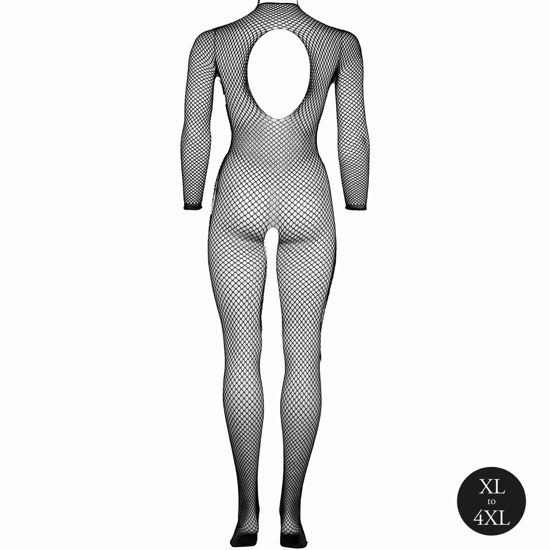 Bodystocking with fishnet structure, open crotch, and turtleneck.