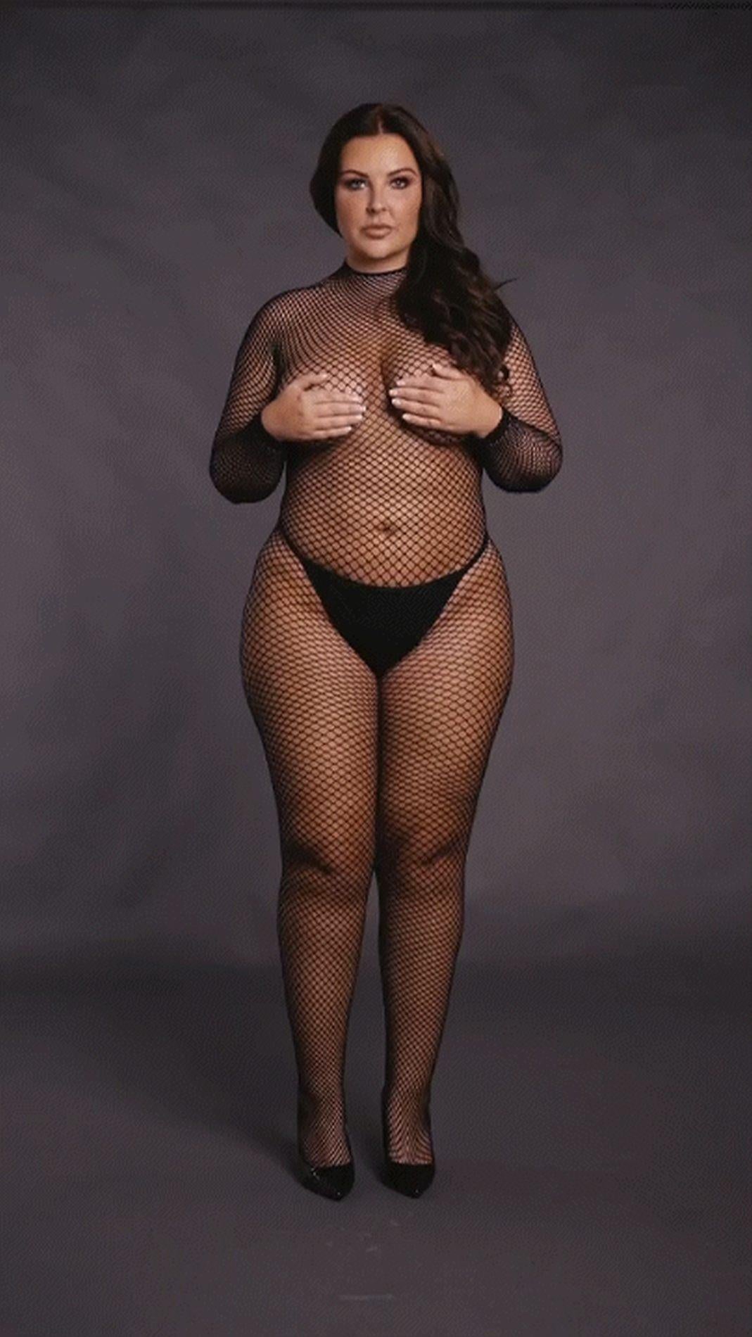 Bodystocking with fishnet structure, open crotch, and turtleneck.