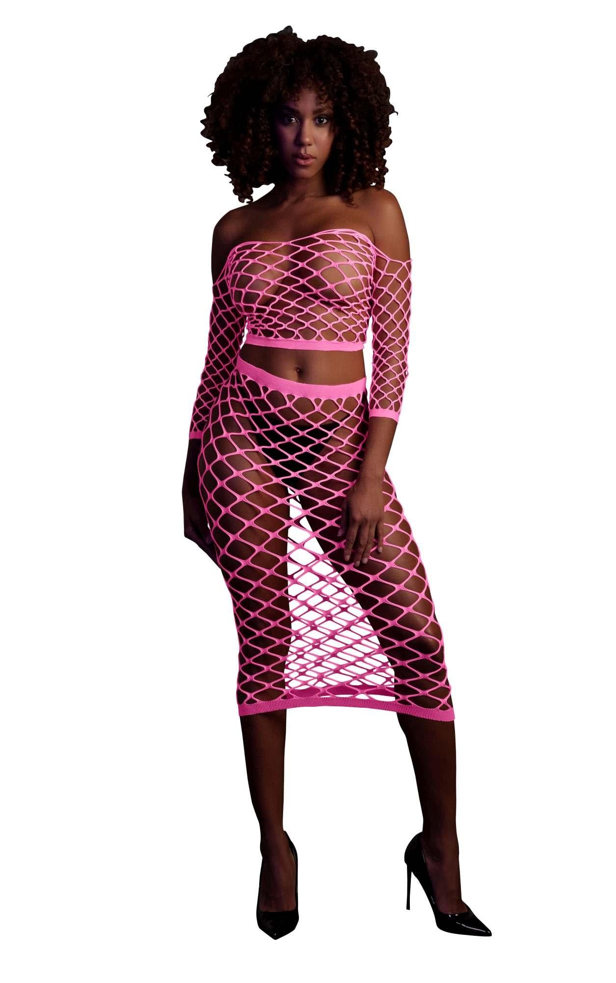 Long Sleeve Crop Top and Long Skirt - One Size - Neon Pink