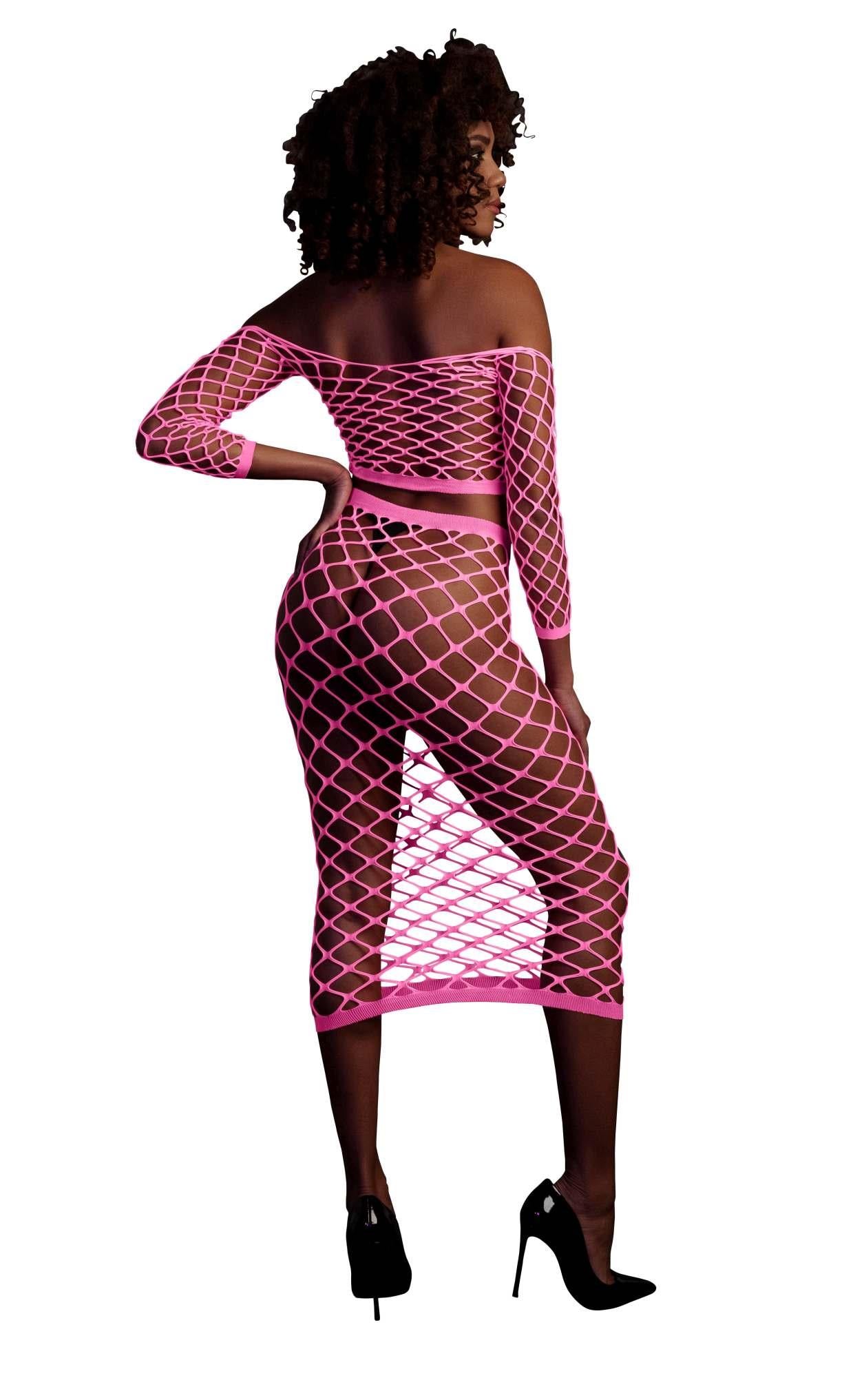 Long Sleeve Crop Top and Long Skirt - One Size - Neon Pink