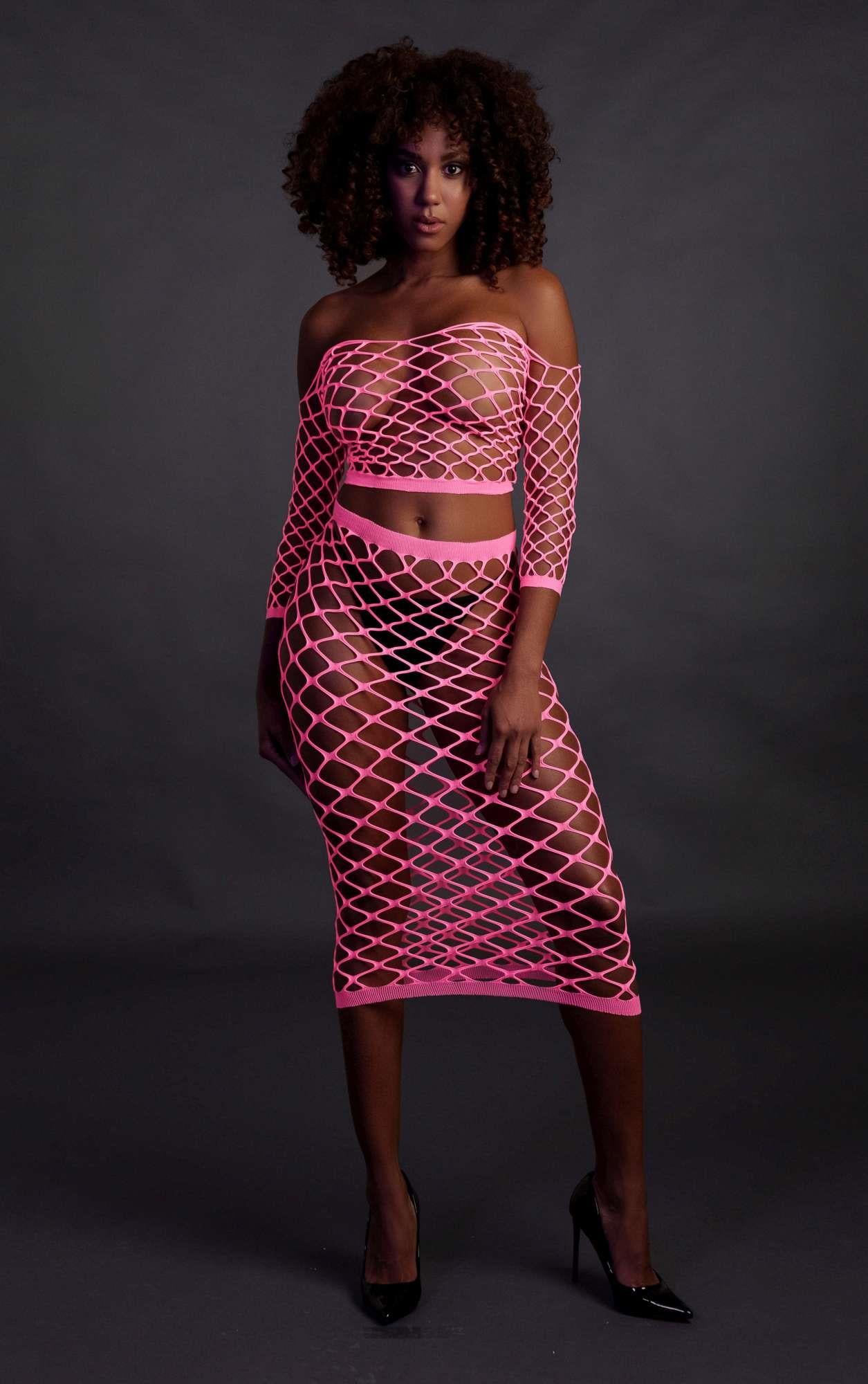 Long Sleeve Crop Top and Long Skirt - One Size - Neon Pink