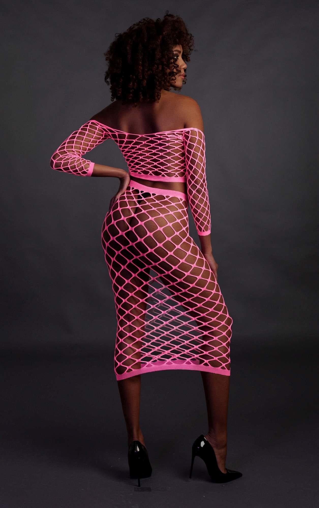 Long Sleeve Crop Top and Long Skirt - One Size - Neon Pink