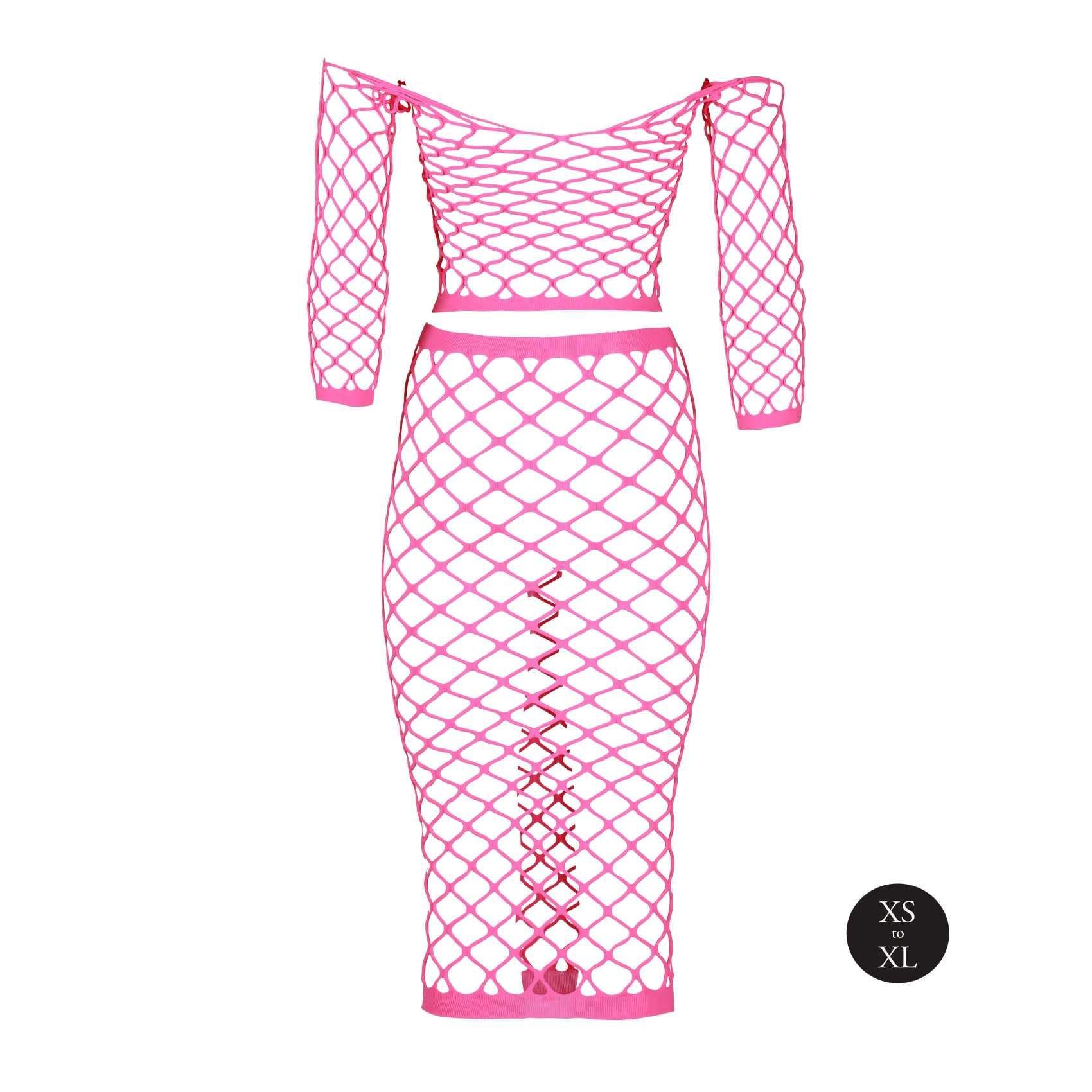 Long Sleeve Crop Top and Long Skirt - One Size - Neon Pink