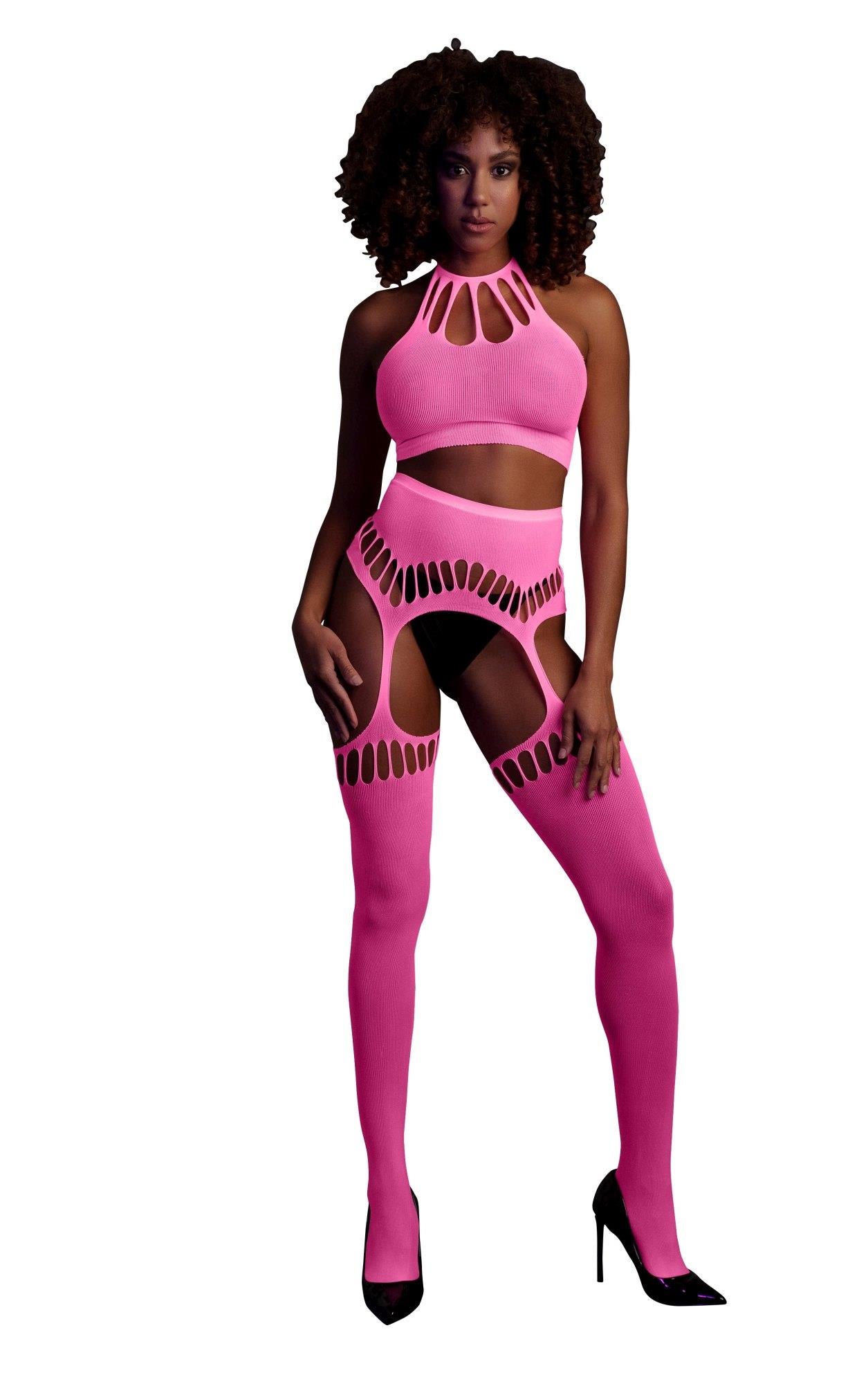 Two-Piece Set with Crop Top and Stockings - Pink - XS/XL