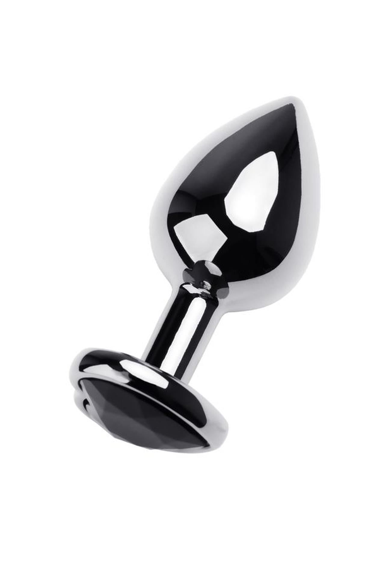 Plug anal argenté TOYFA en métal avec gemme noire en forme de cœur, longueur 7 cm, diamètre 1,8-3,3 cm, poids 92 g
