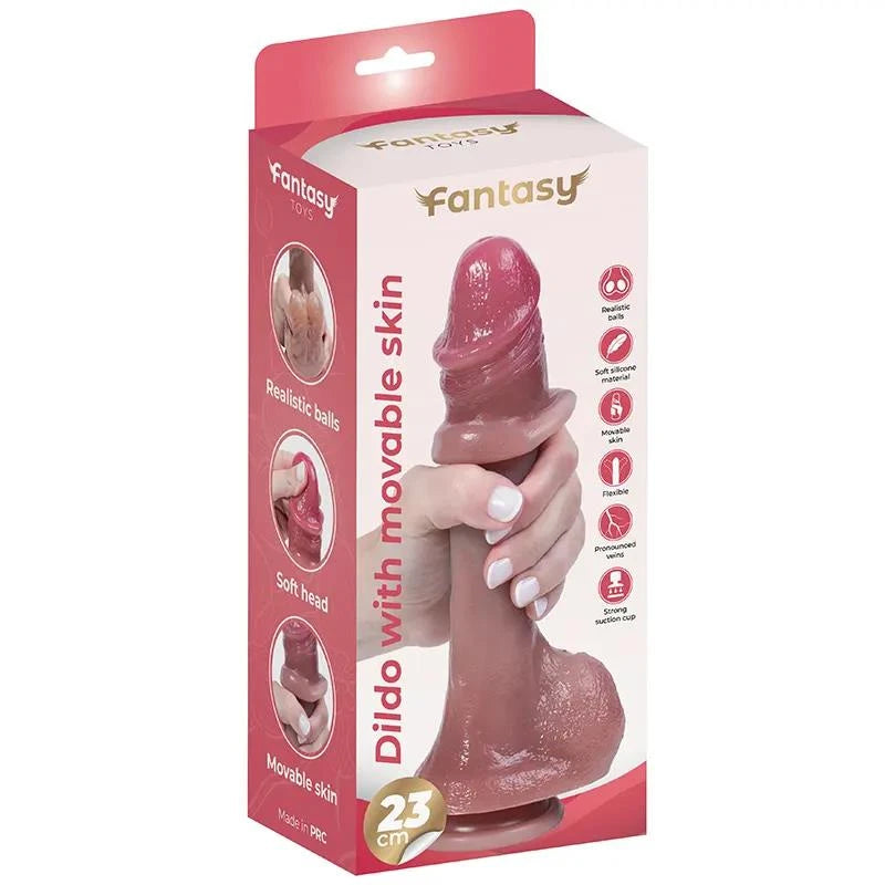 Gode en silicone avec prépuce et testicules réalistes 23 cm