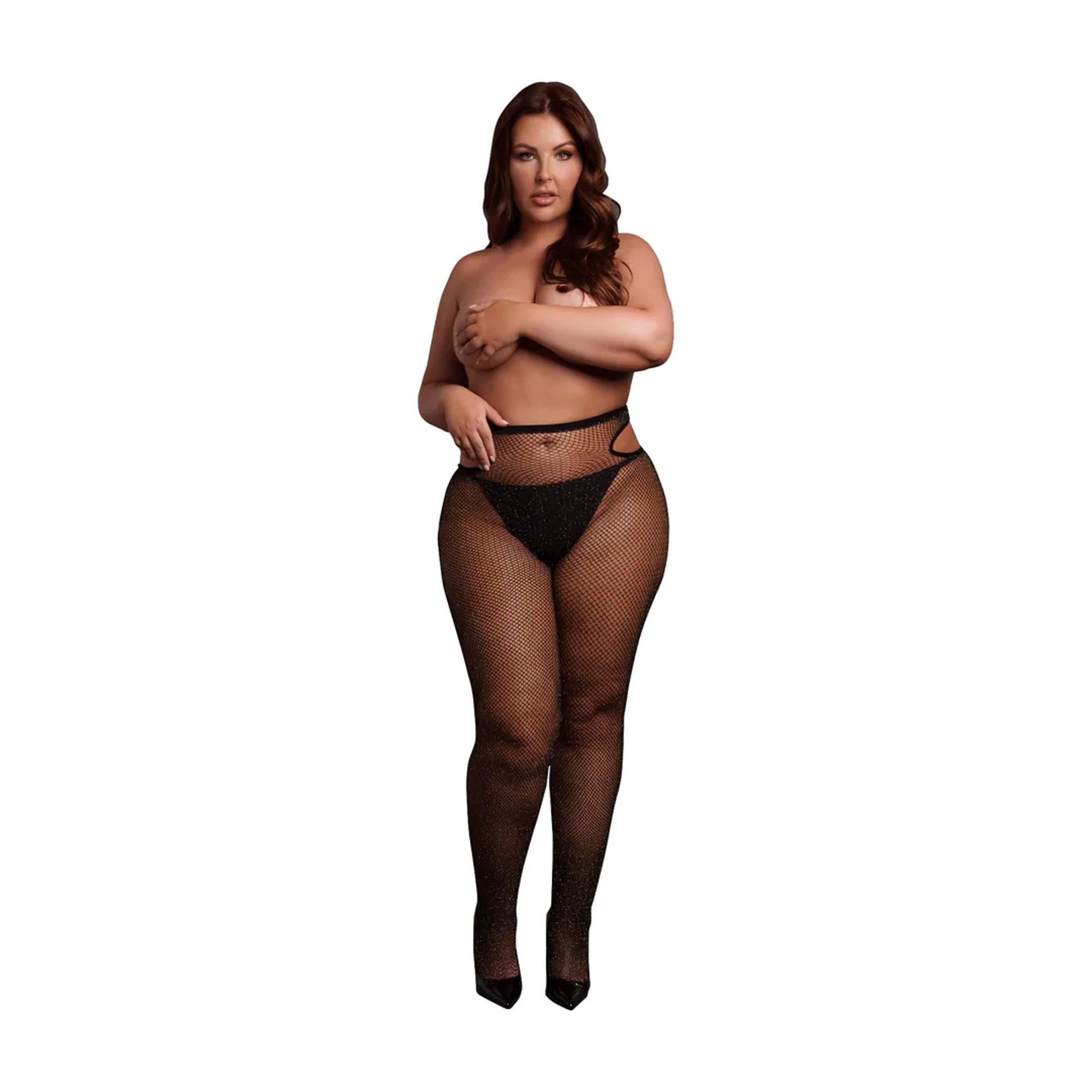Collant ajouré scintillant - Grande Taille - Noir/Paillettes dorées