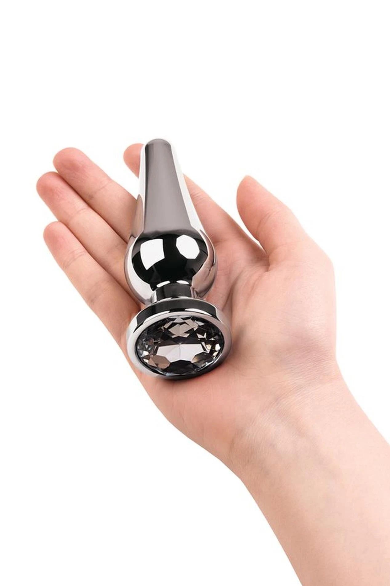 TOYFA Metal silver anal plug with white round-shaped gem, length 9 cm, diameter 1.5-4 cm, weight 205 gr