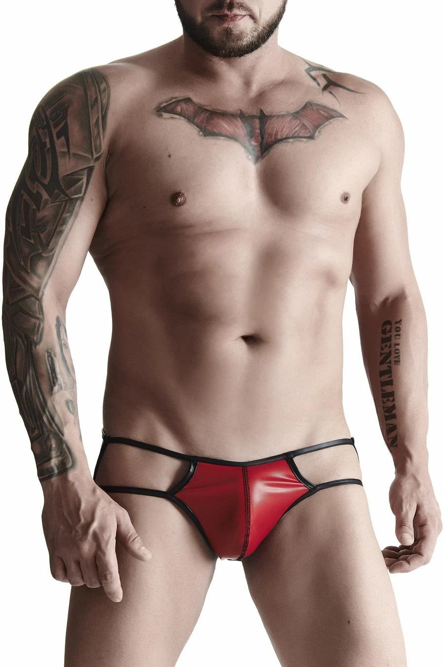 men's wetlook thong with open back and XXL decorative element