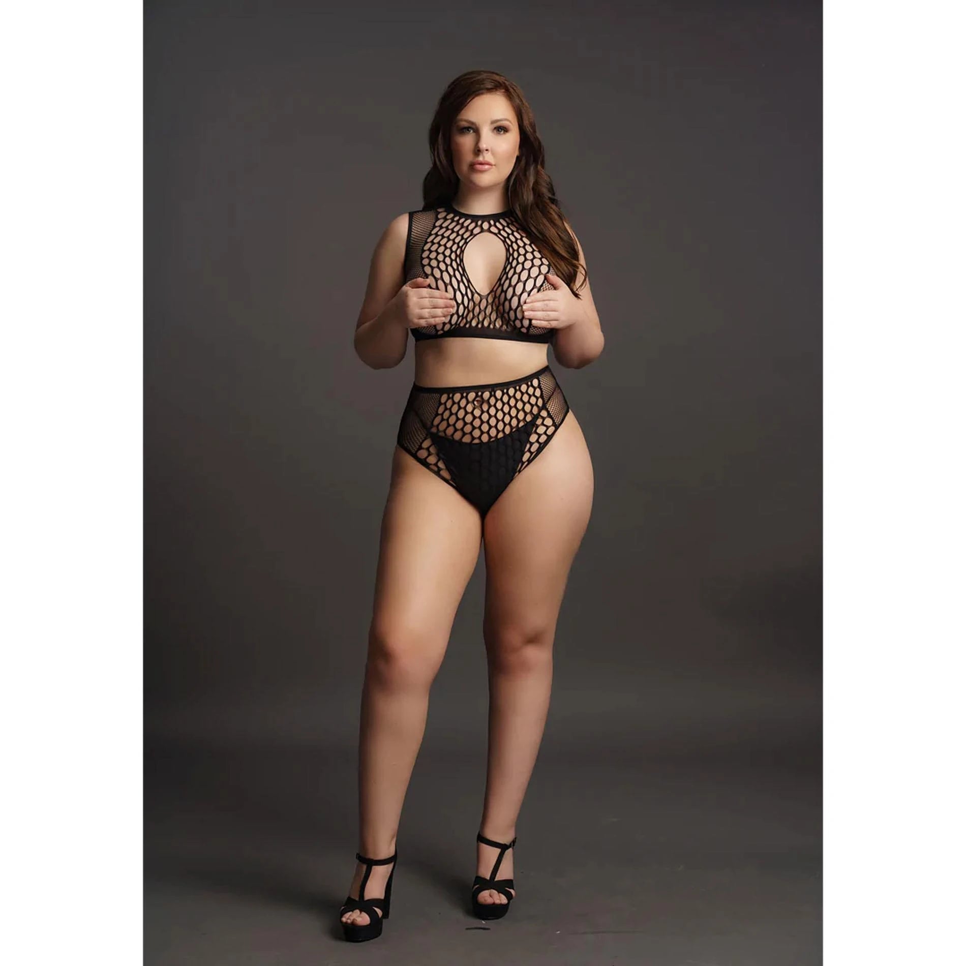 Duo Net Key-Hole Bra Set - Queen Size - Black