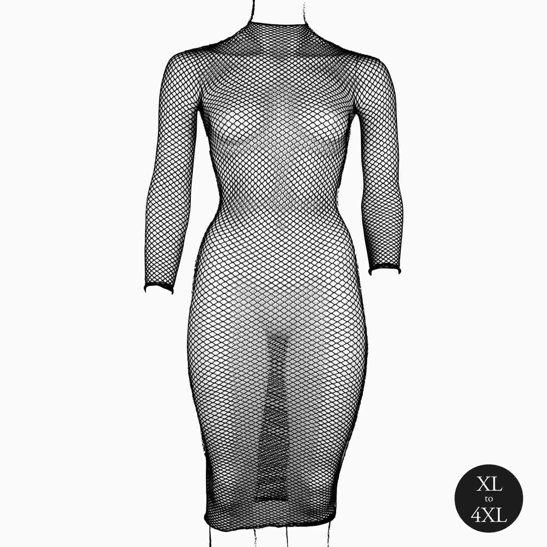 Long dress with a fishnet structure and turtleneck.