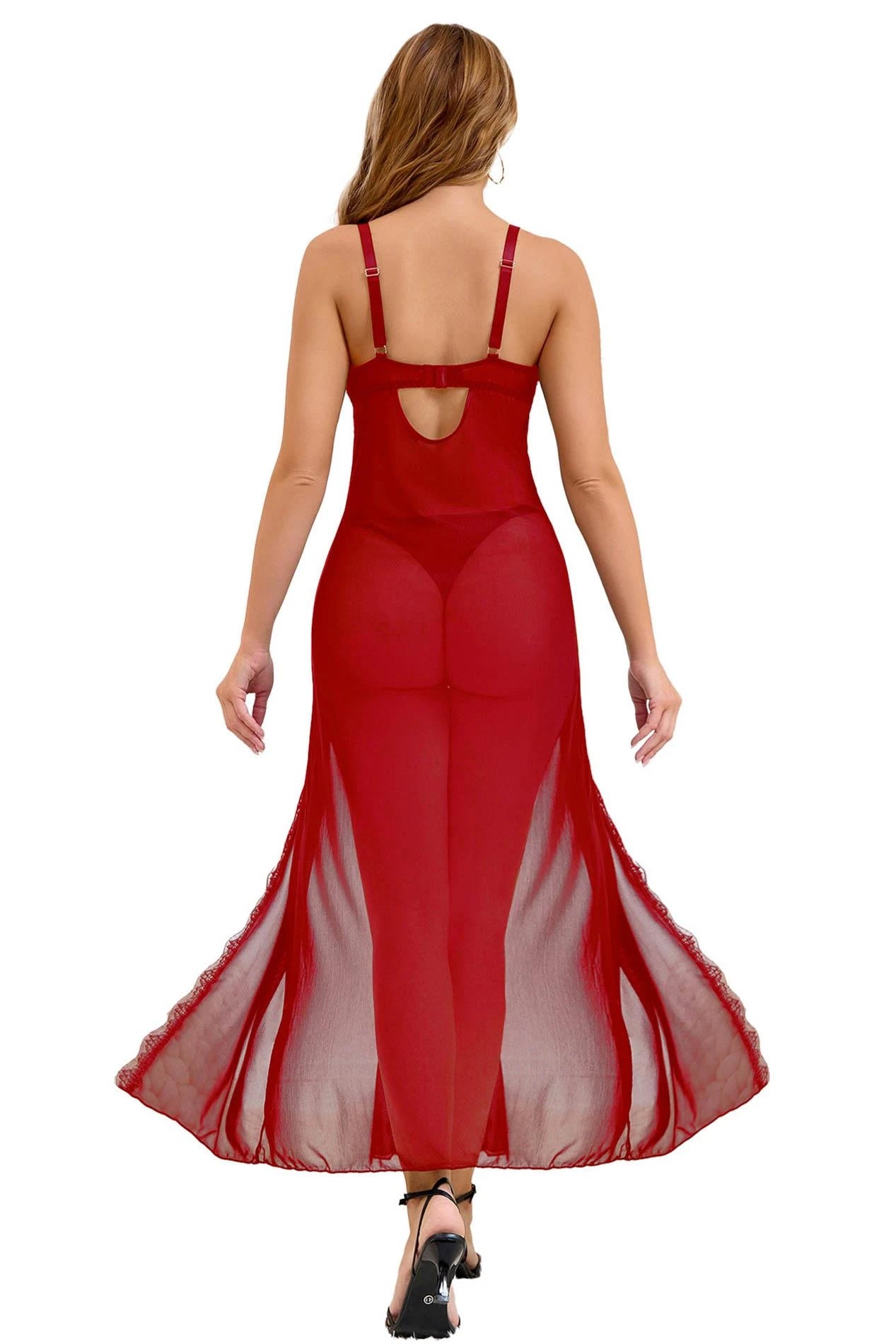 Chemise de nuit rouge longue et sexy + string S/M