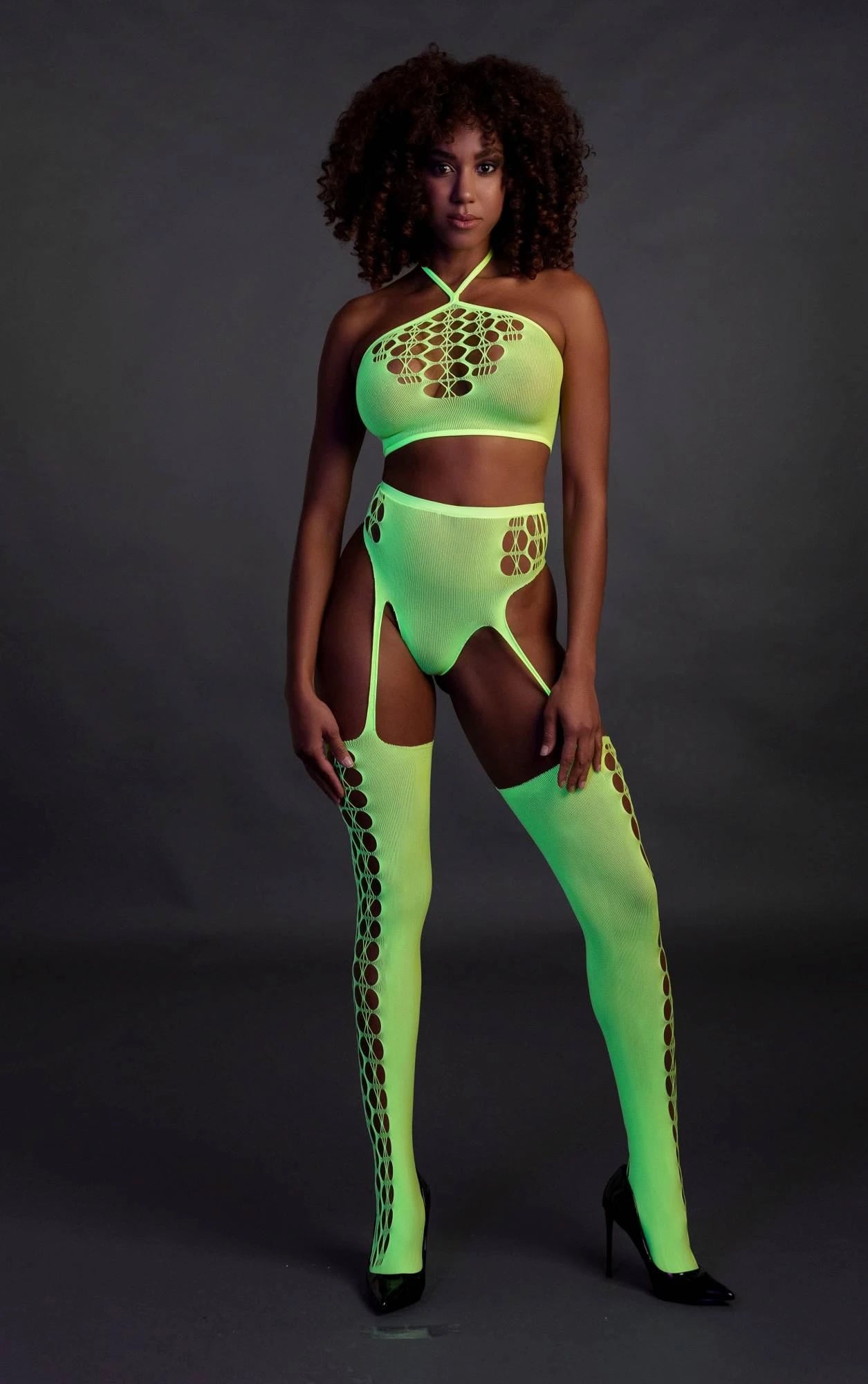 Two Piece with Crop Top and Stockings - One Size - Neon Green