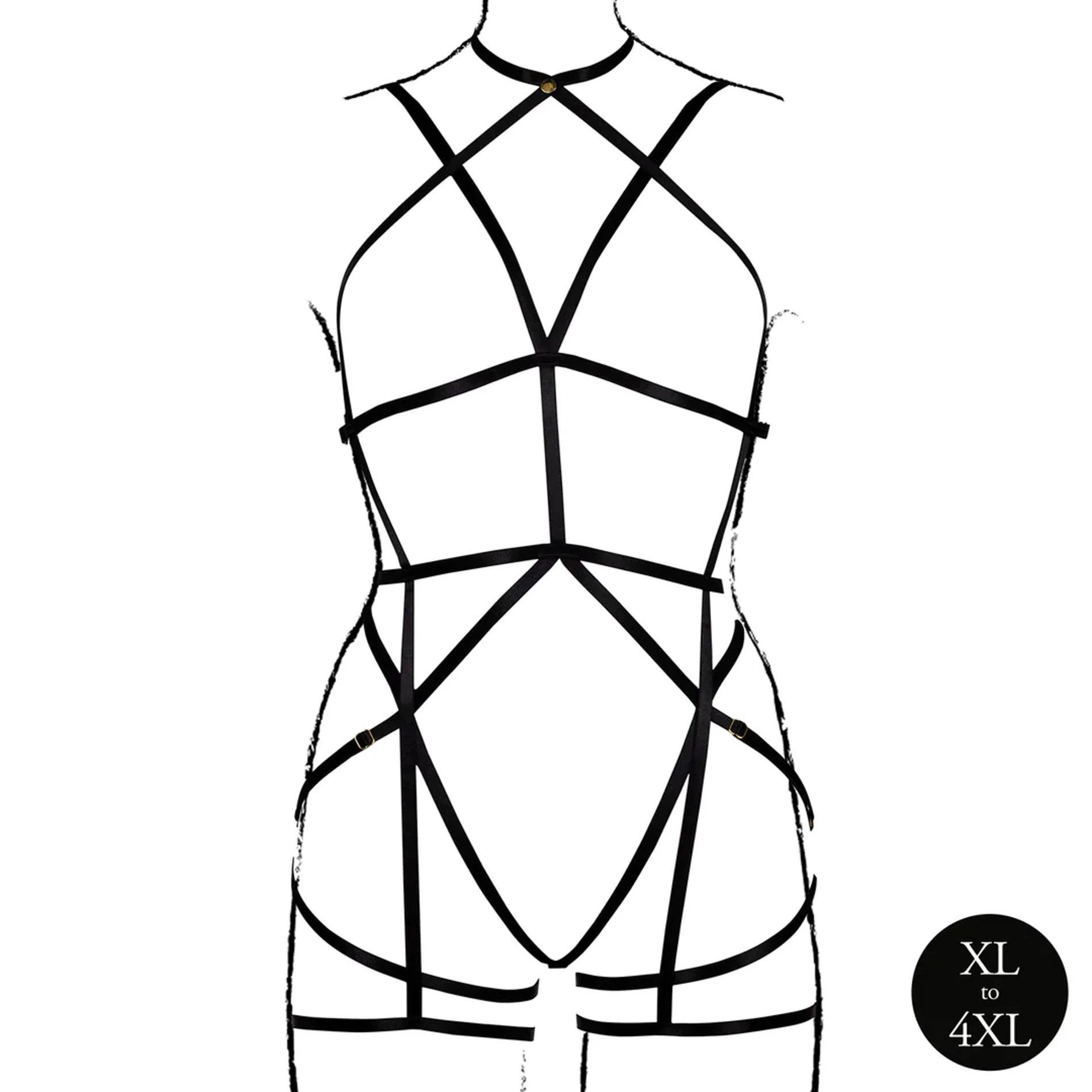Strappy Open Cup Body Harness with Garters - Queen Size - Black