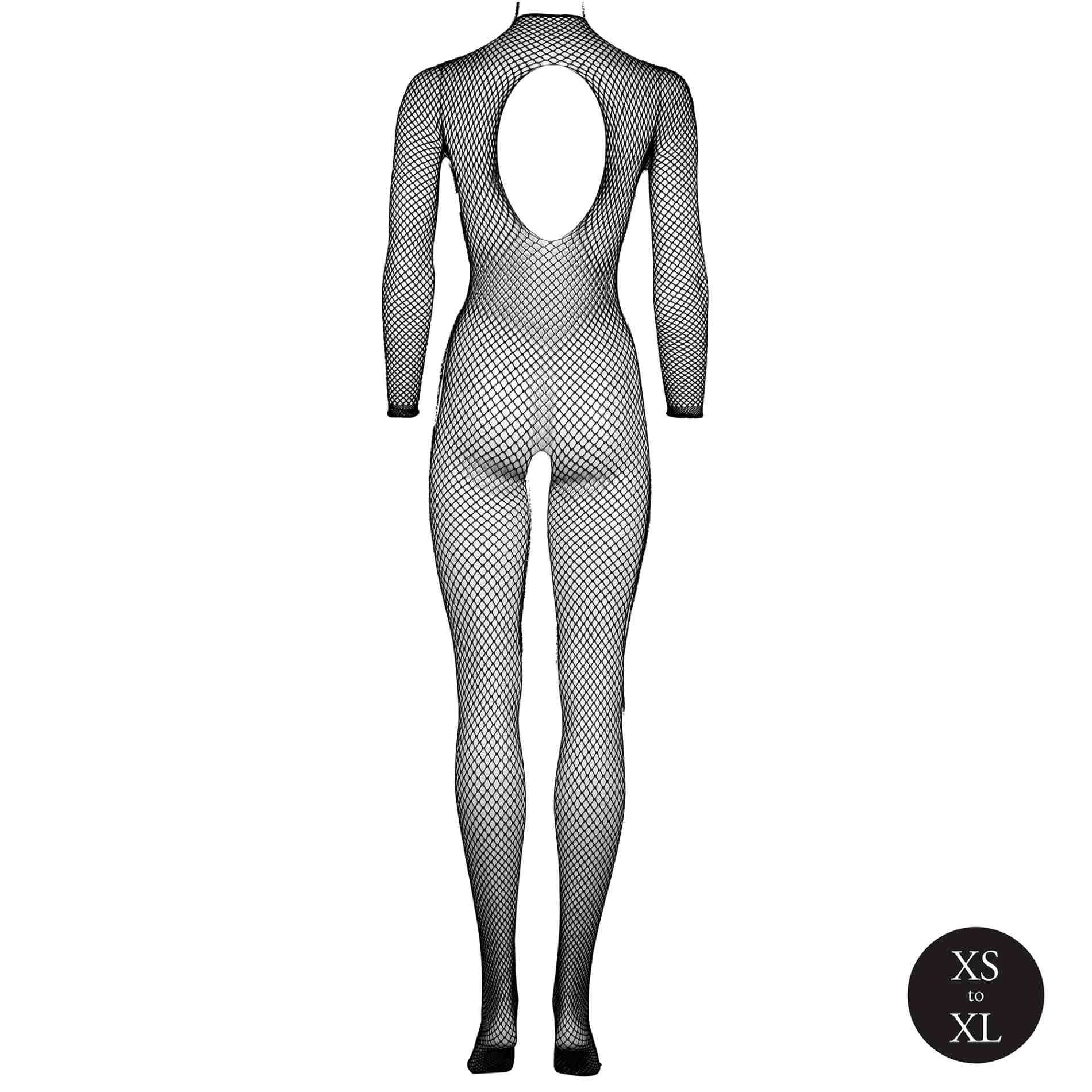 Bodystocking with fishnet structure, open crotch, and turtleneck.