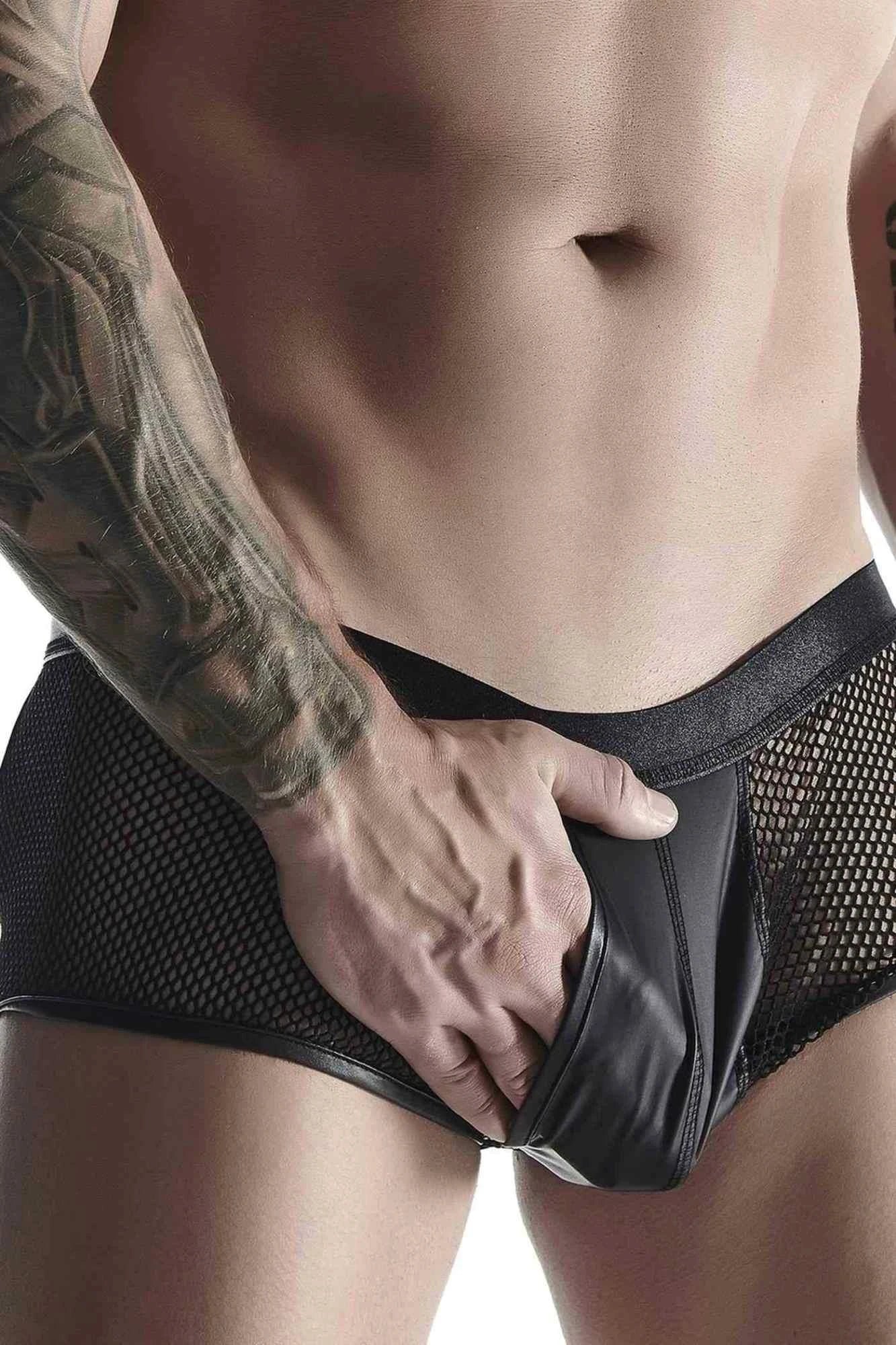 Short pour homme en wetlook et maille stretch avec dos ouvert S