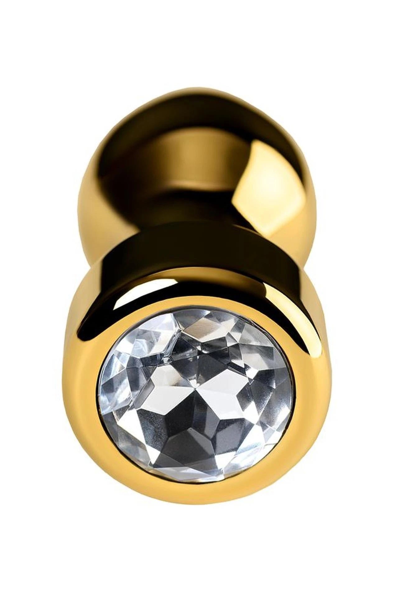 Gold anal plug TOYFA Metal with white round-shaped gem , length 7 cm, diameter 2-3.5 cm, weight 140 gr