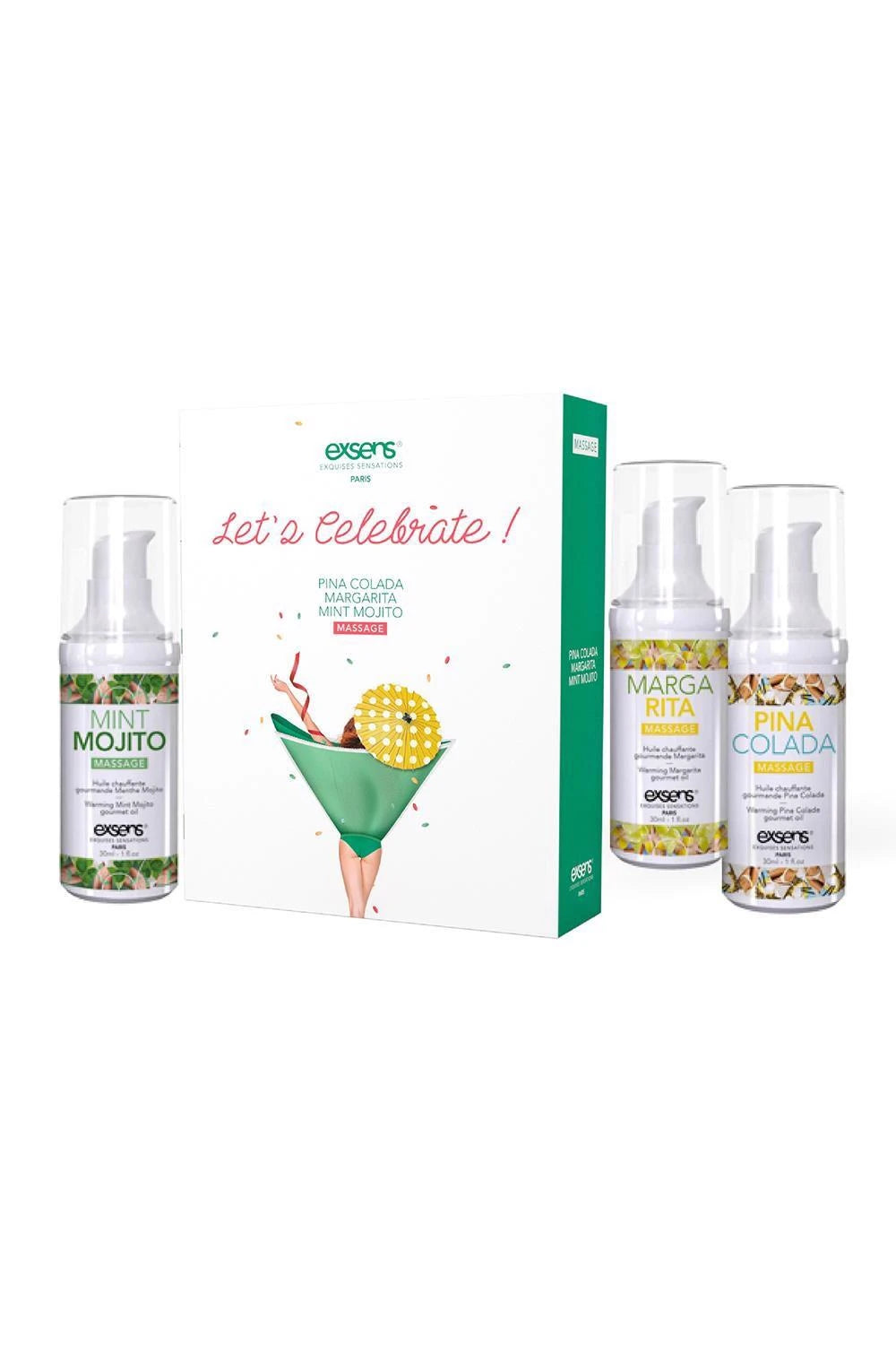 LET'S CELEBRATE! Warming gourmet massage  oils (Mint Mojito, Margarita, Pina Colada) 3 x 30ml