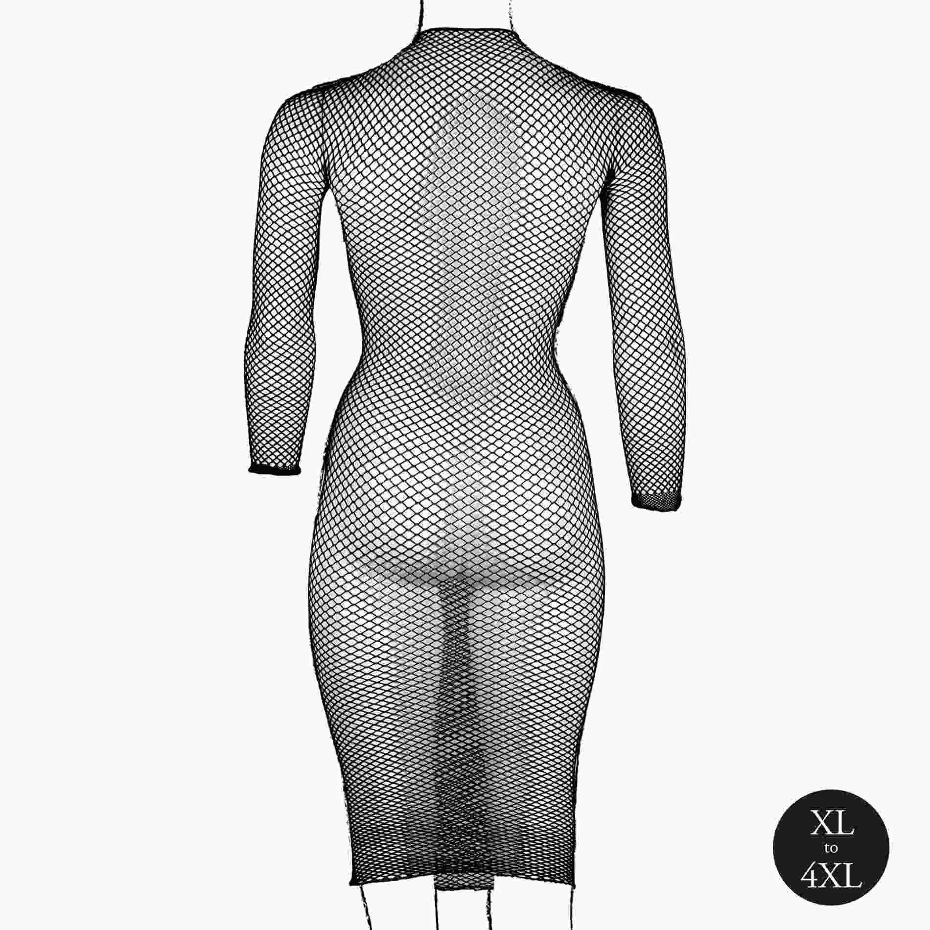 Long dress with a fishnet structure and turtleneck.