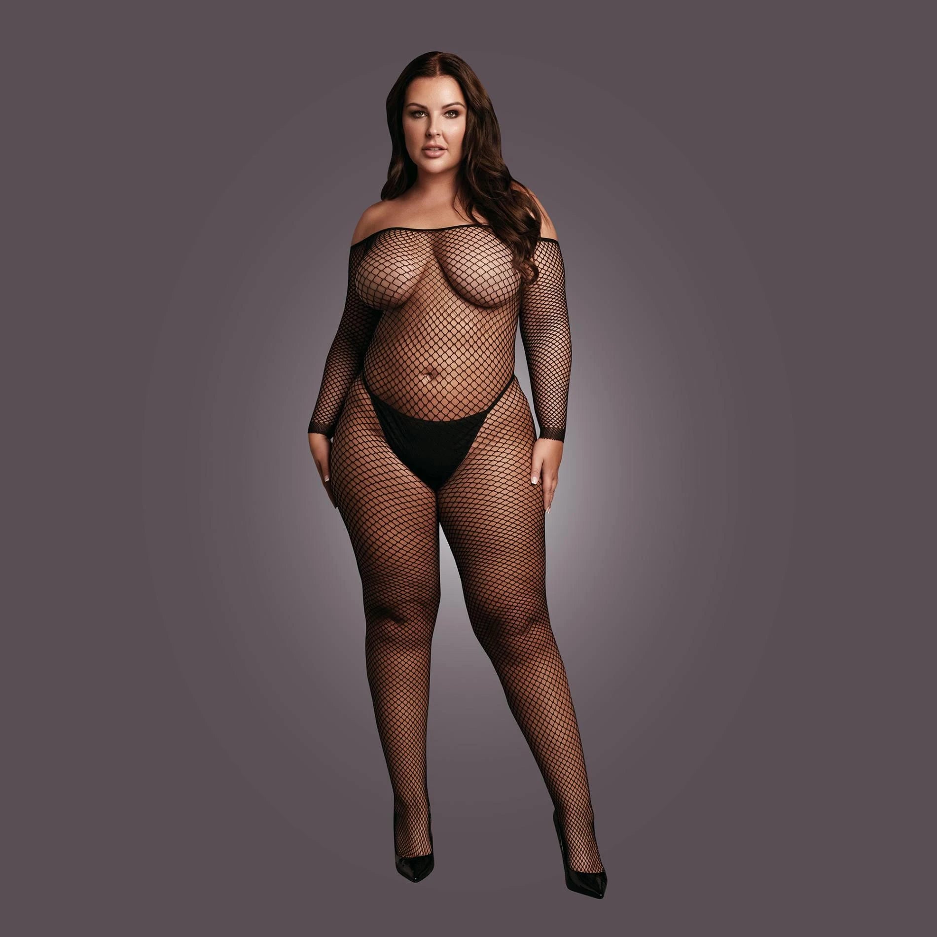 Bodystocking with off-shoulder neckline, fishnet structure, and open crotch.
