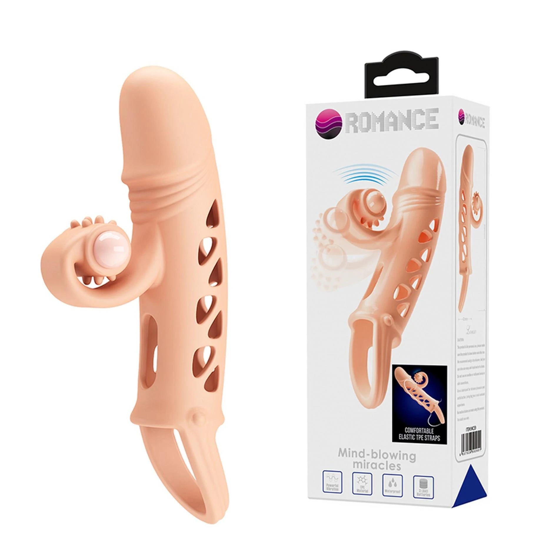 ROMANCE - Penis sleeve, TPE material, vibration, LR41*3 battery, Flesh