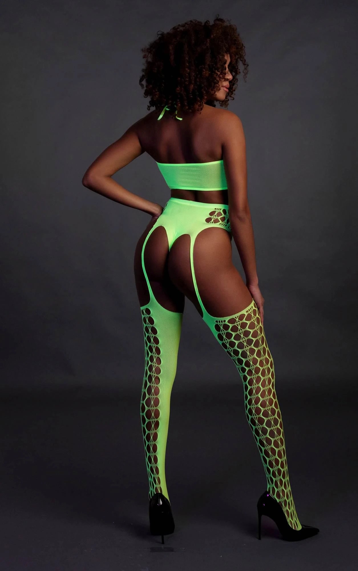 Two Piece with Crop Top and Stockings - One Size - Neon Green