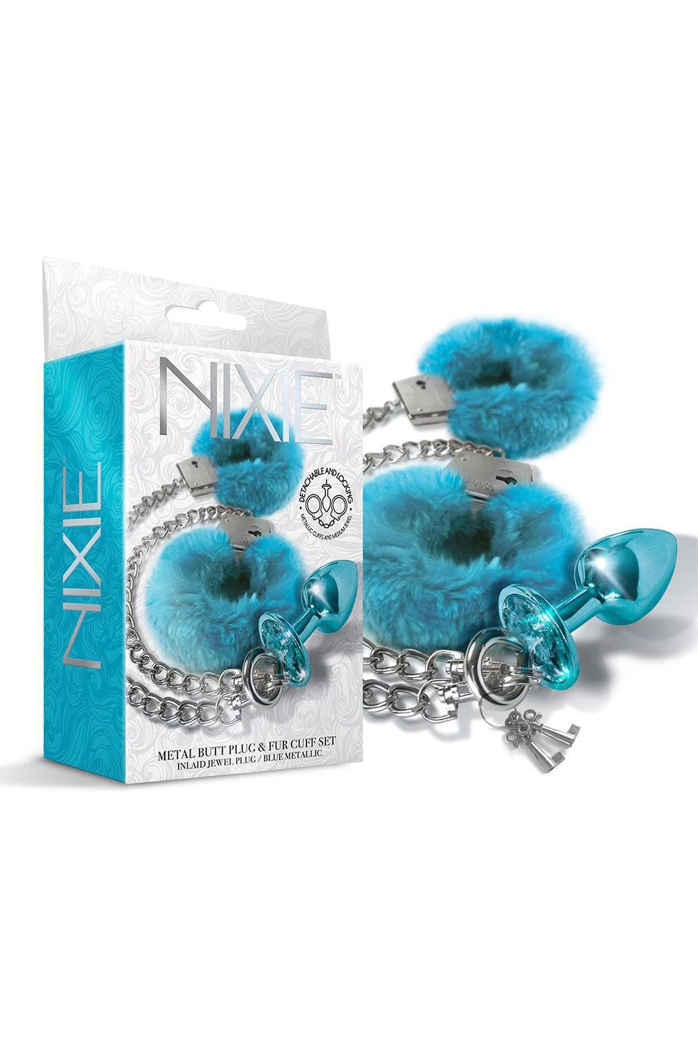 NIXIE METAL BUTT PLUG & FURRY HANDCUFF SET, MEDIUM,Â BLUE METALLIC