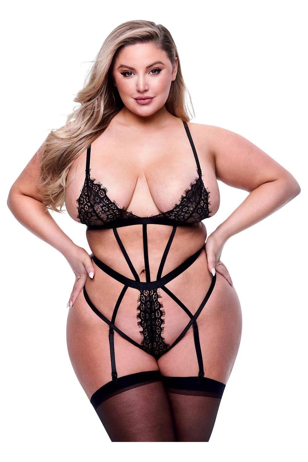 TEDDY AVEC PORTE-JARRETELLES EN DENTELLE ET À BRETELLES SEXY NOIR, QUEEN