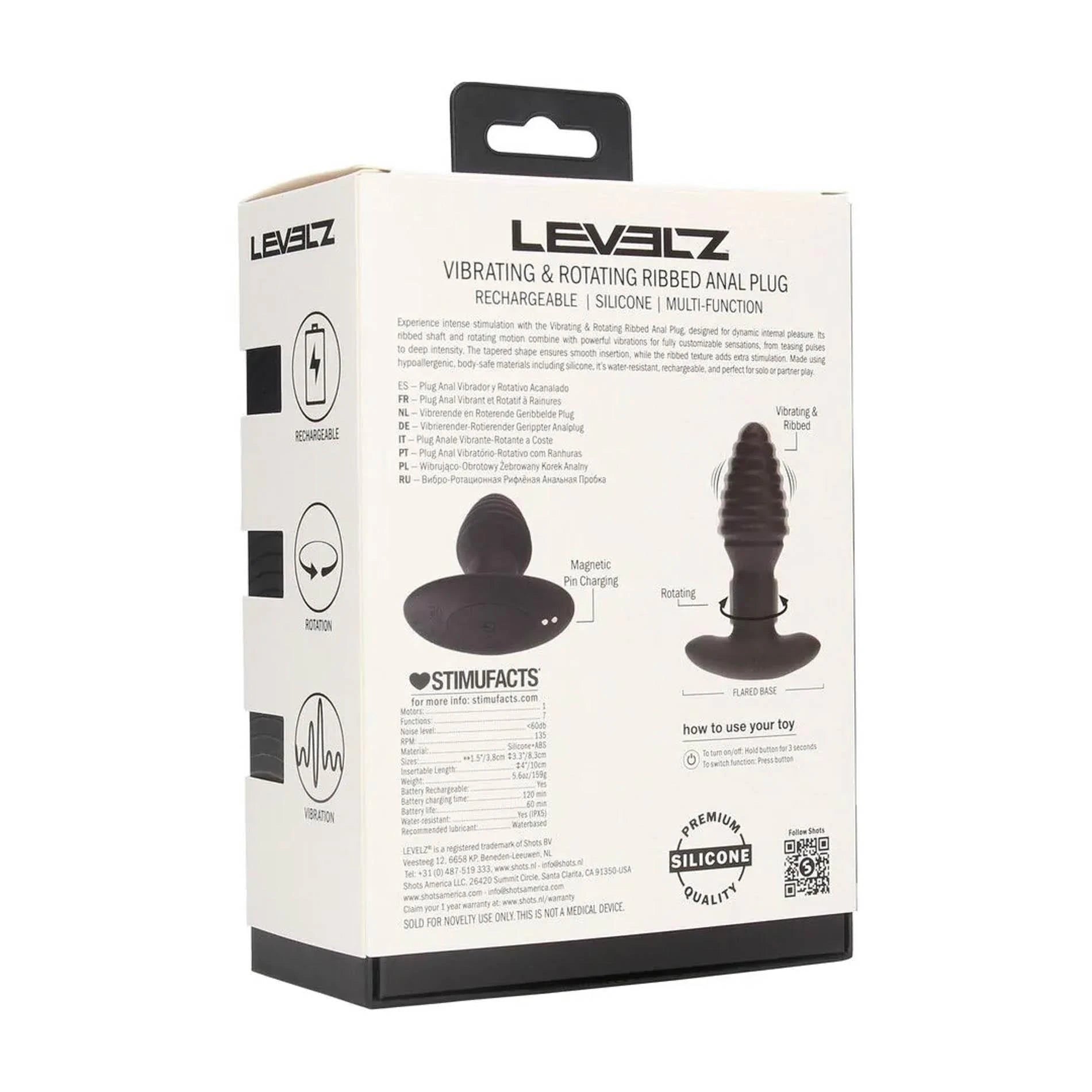 Vibrating and Rotating Ribbed Silicone Anal Plug - Black