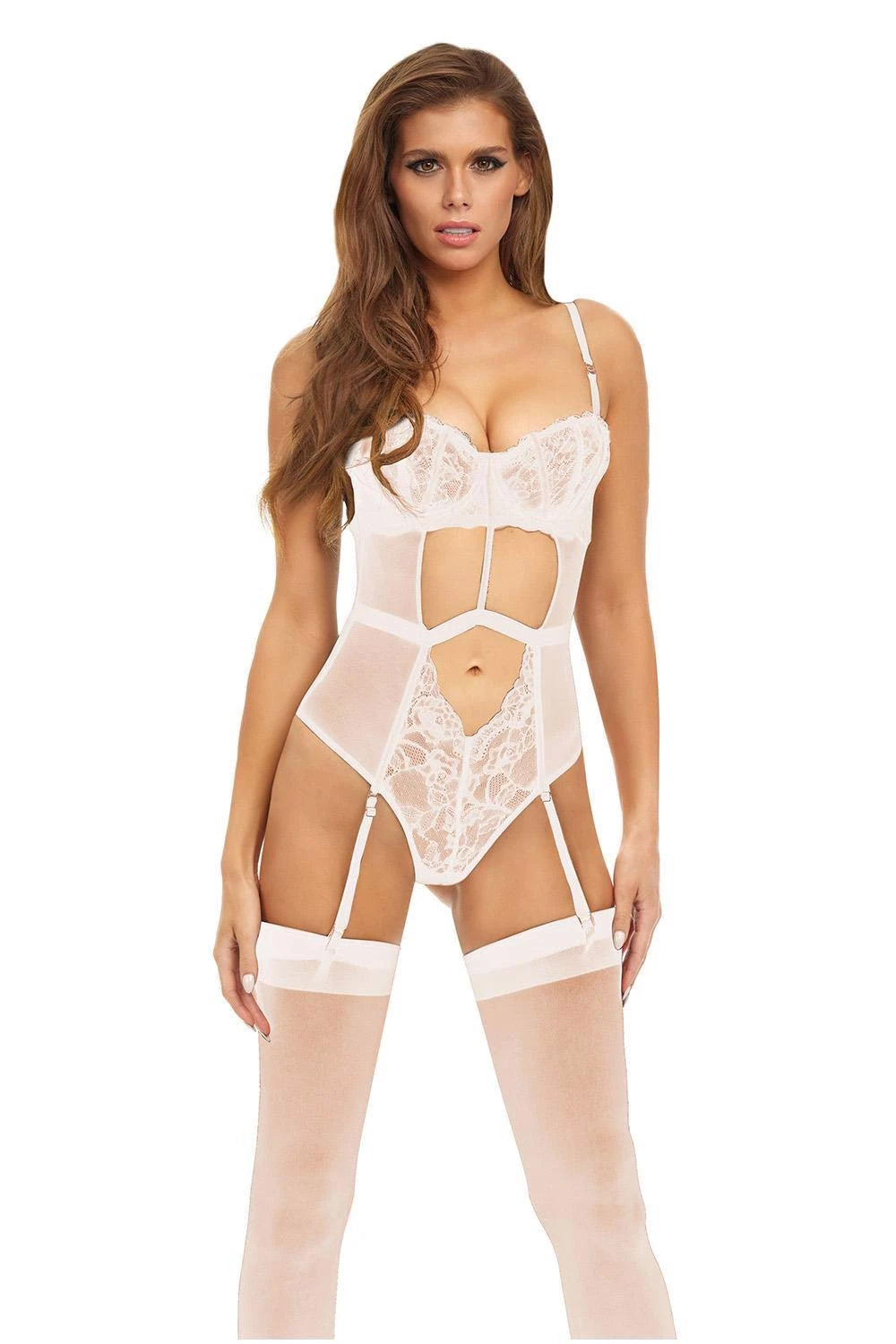 BOMBSHELL BOUDOIR STRAP OVERLAY TEDDY WHITE, S