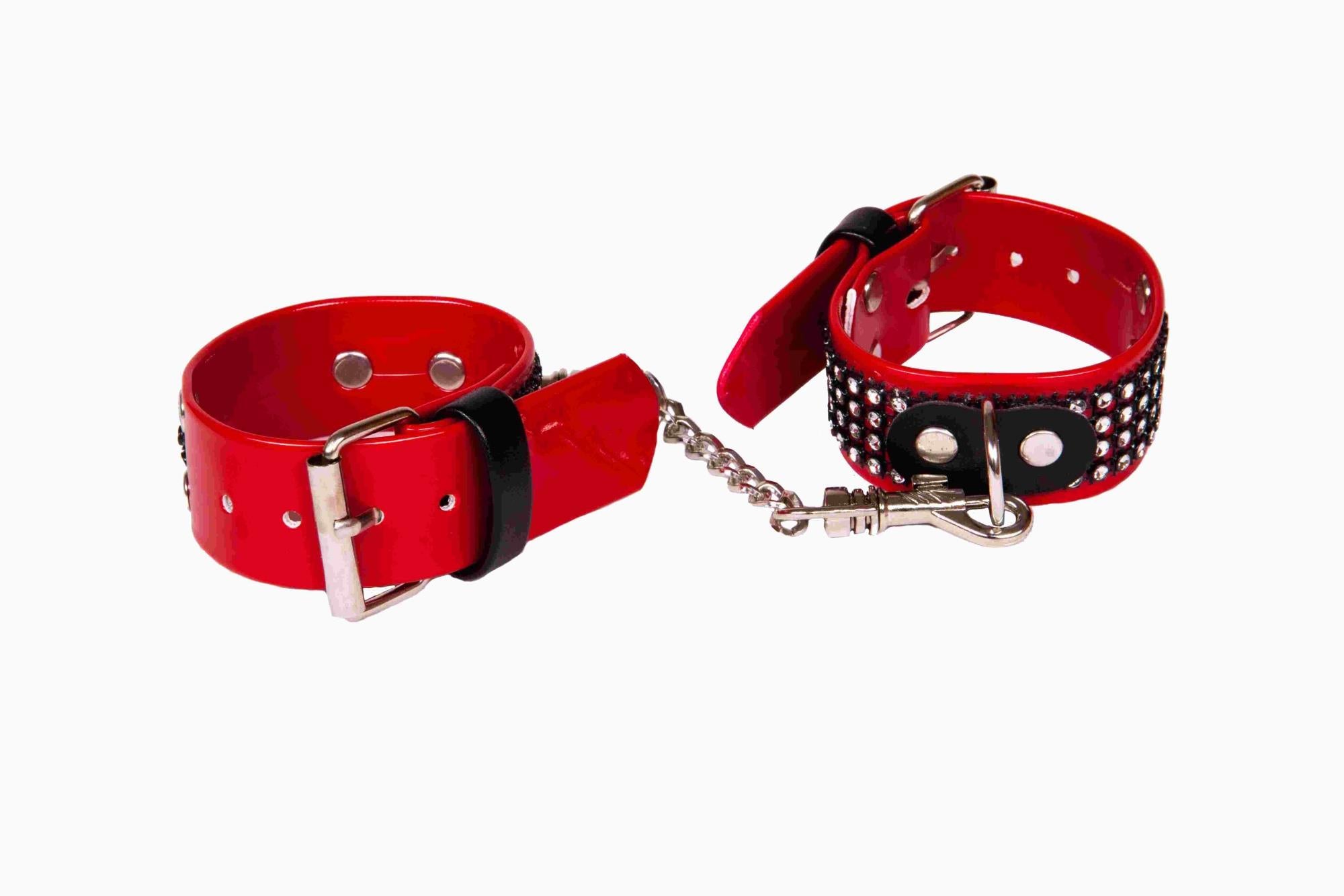 Menottes WHIPS laquées, menottes pour femmes, rouges, avec cristaux