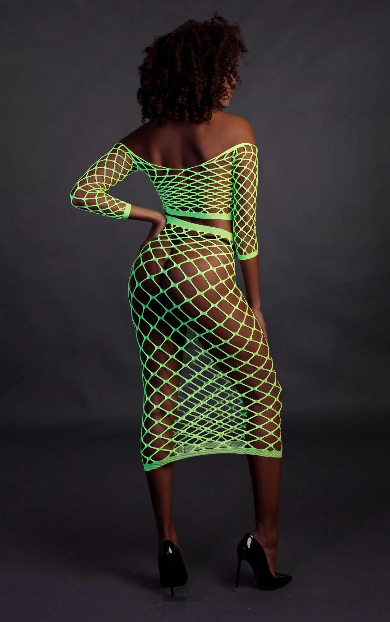 Long Sleeve Crop Top and Long Skirt - One Size - Neon Green