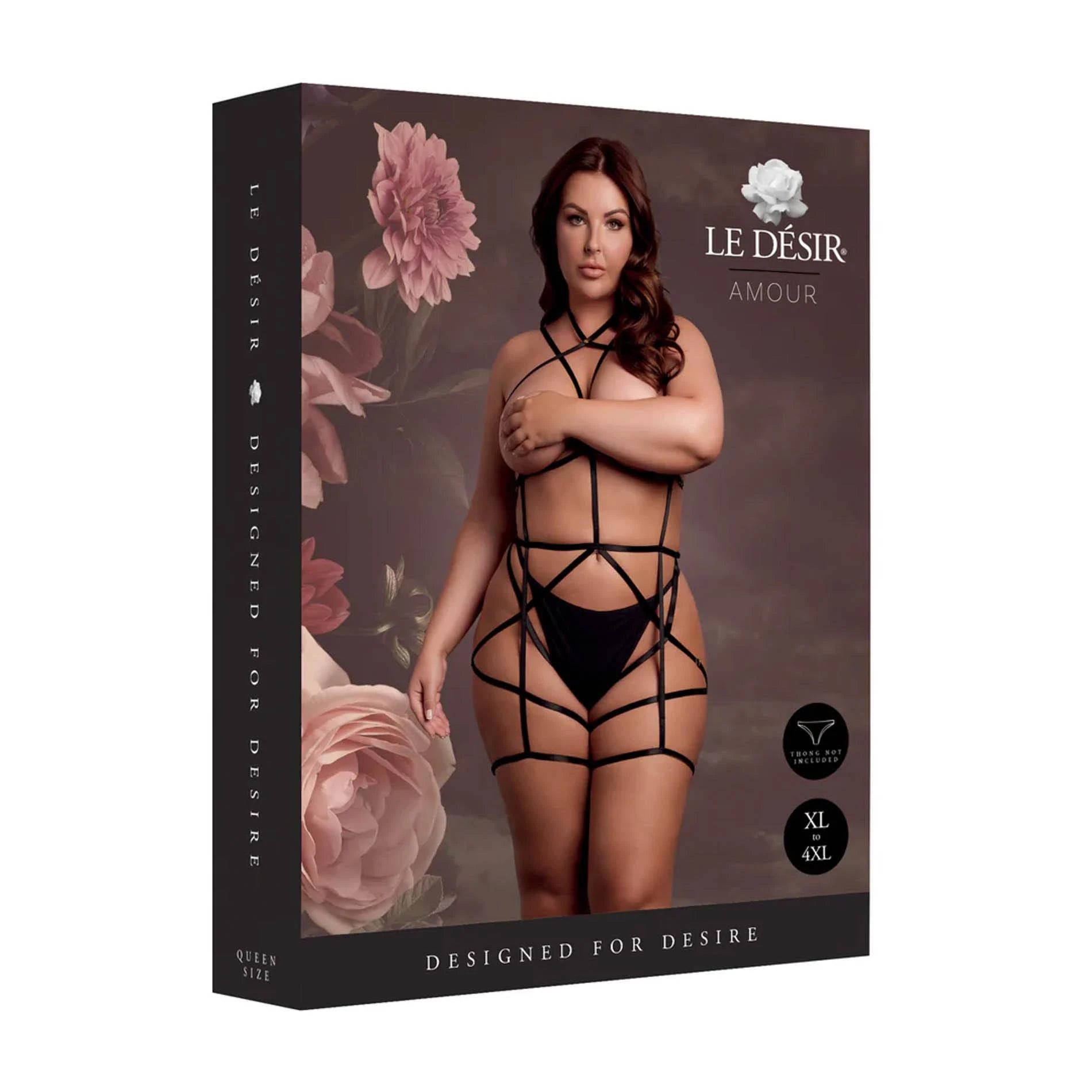 Strappy Open Cup Body Harness with Garters - Queen Size - Black
