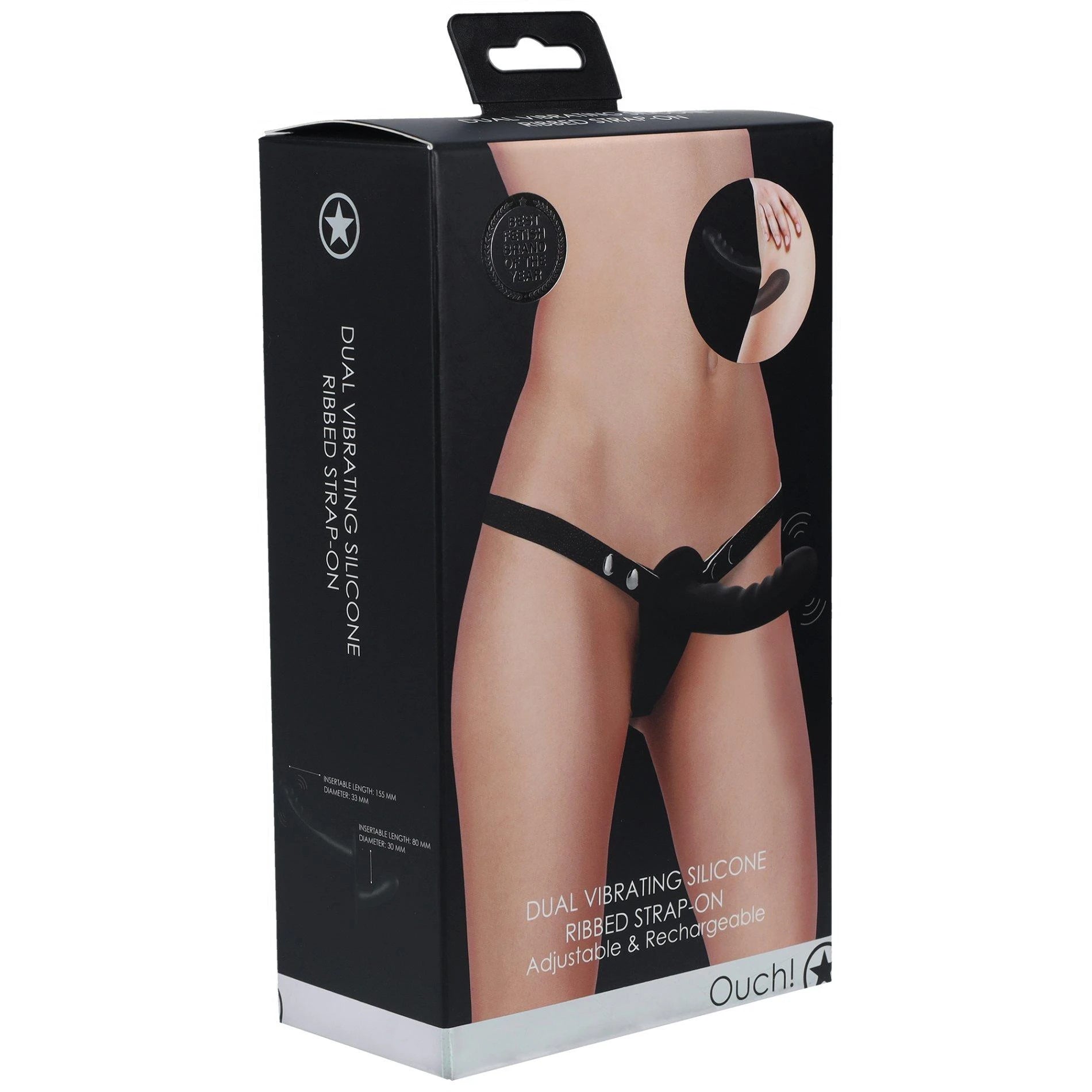 Dual Vibrating - Rechargeable - 10 Speed Silicone Ribbed Strap-On - Adjustable - Black