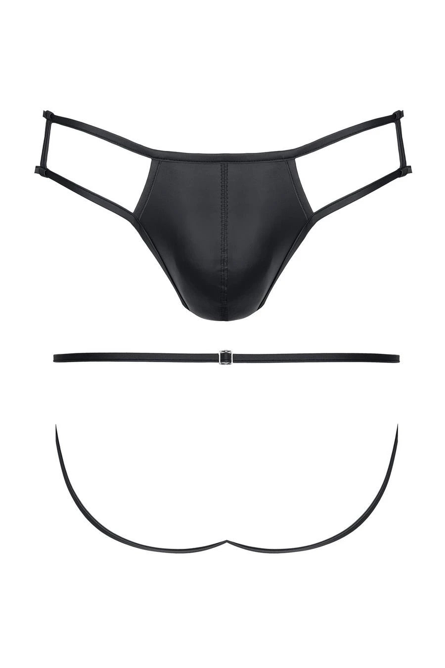 Men's wet look thong with open back and XL decorative element