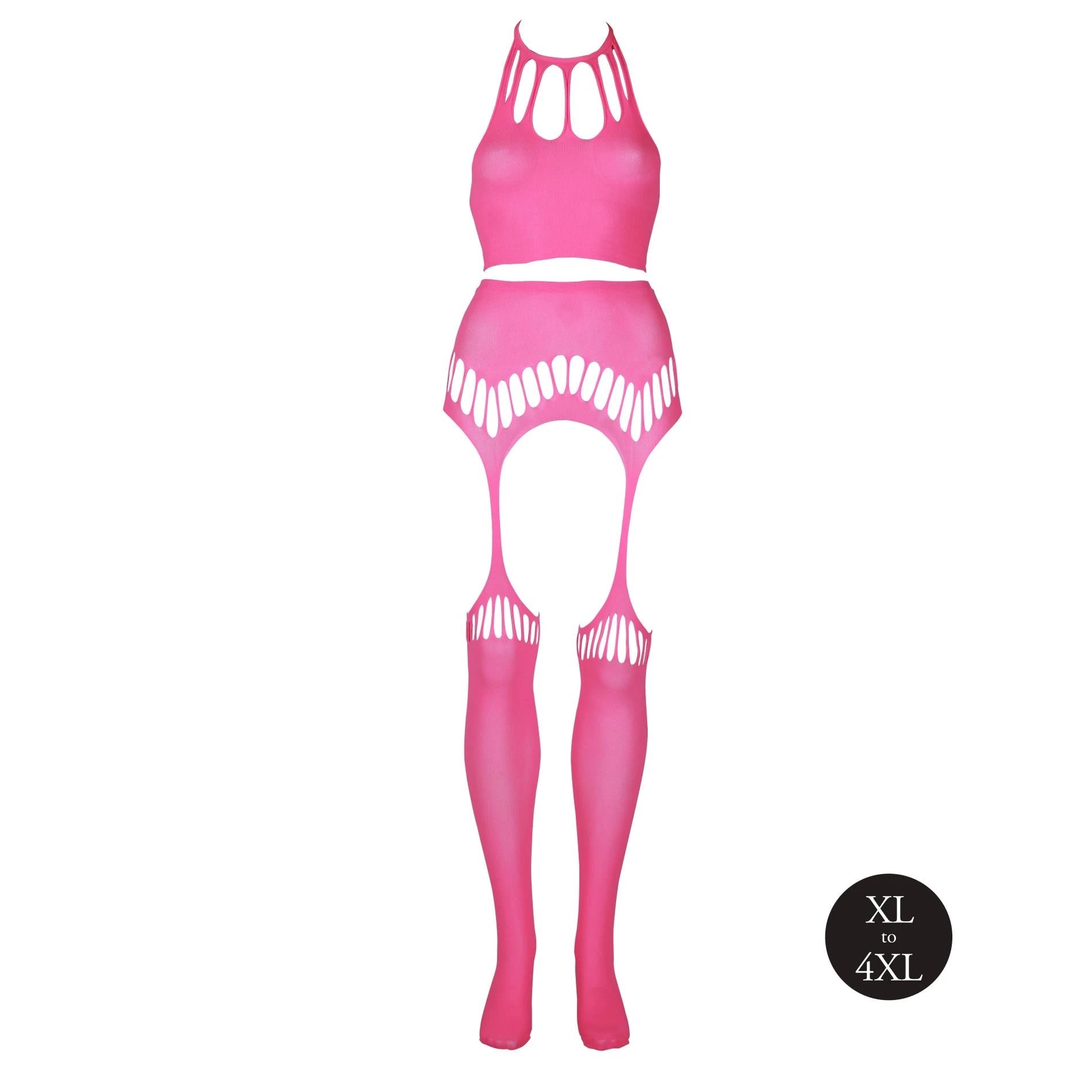 Two Piece with Crop Top and Stockings - Plus Size - Neon Pink