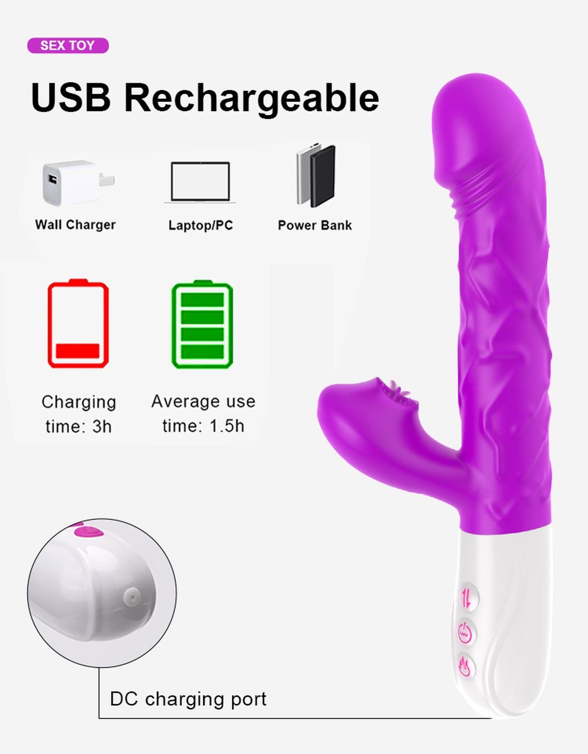 Vibromasseur - Vibromasseur langue en silicone, 10 fonctions USB