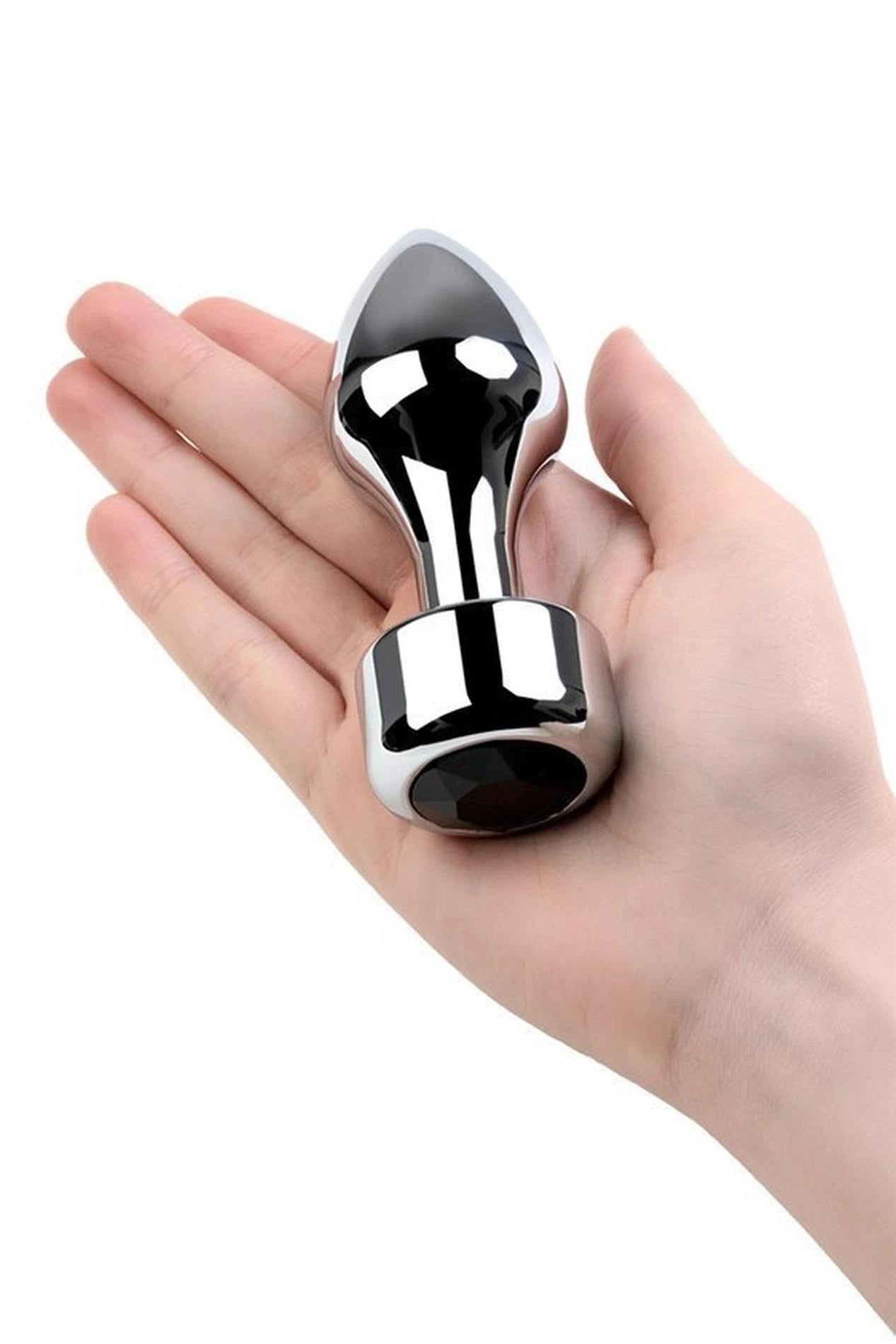 Silver anal plug TOYFA Metal with black round-shaped gem, length 8,2 cm, diameter 2.5-3,8 cm, weight 210 gr