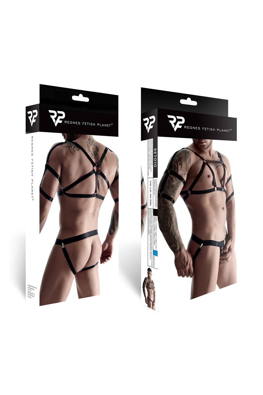 men's rubber set: t-shirt with decorations on the back and front, open-back briefs L/XL
