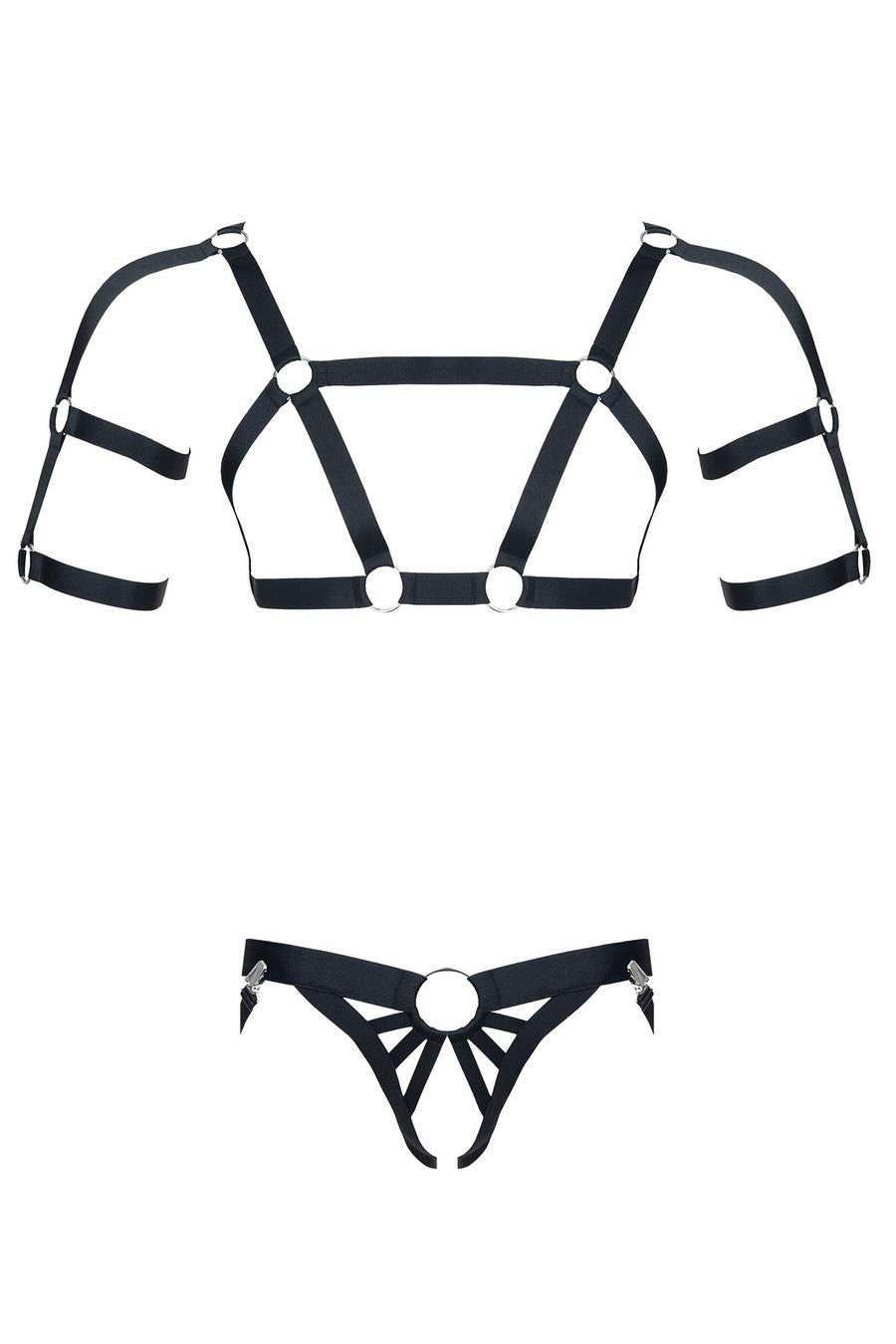 men's rubber set: t-shirt with decorations on the back and front, open-back briefs L/XL